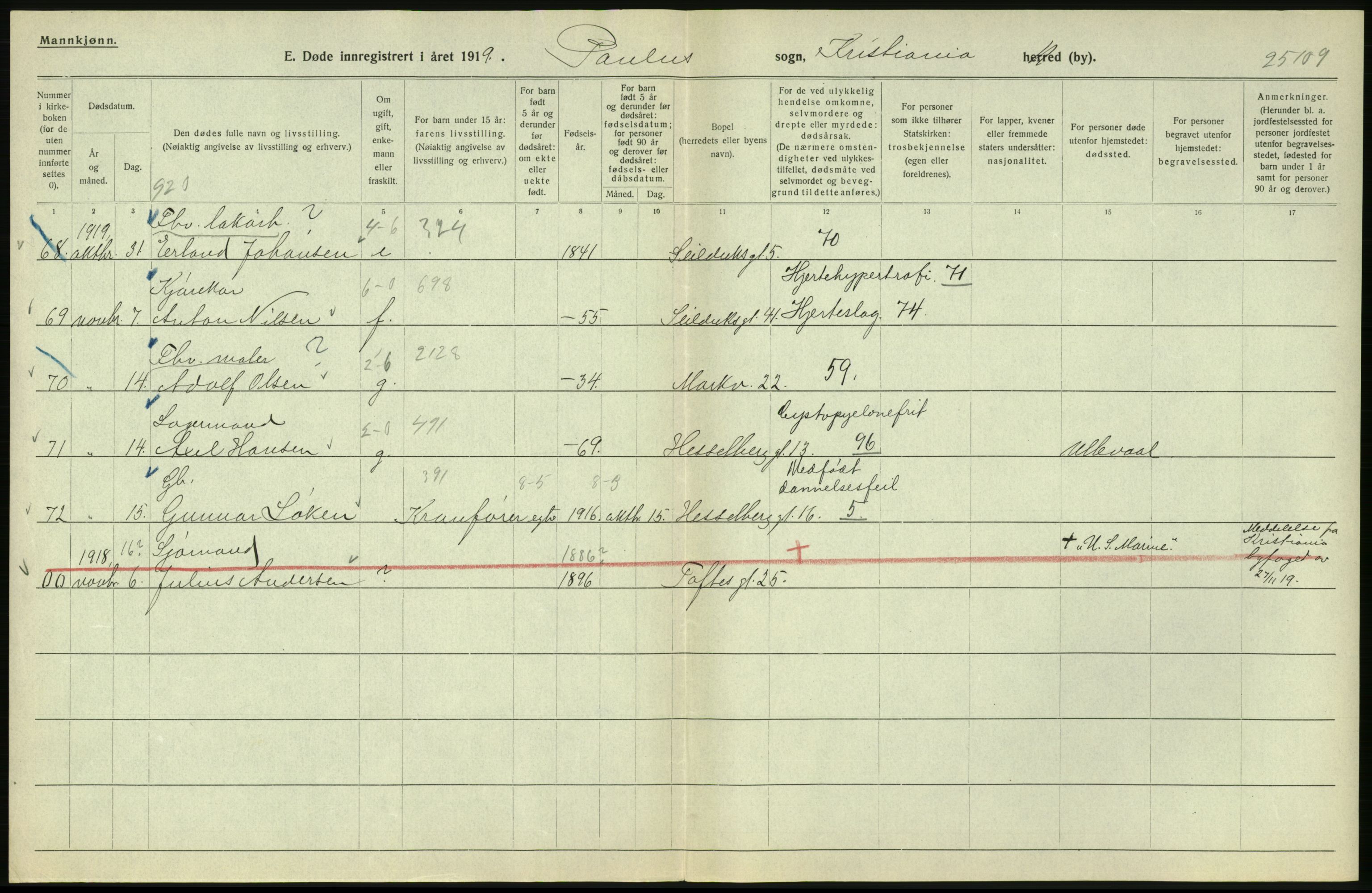 Statistisk sentralbyrå, Sosiodemografiske emner, Befolkning, AV/RA-S-2228/D/Df/Dfb/Dfbi/L0010: Kristiania: Døde, 1919, s. 294