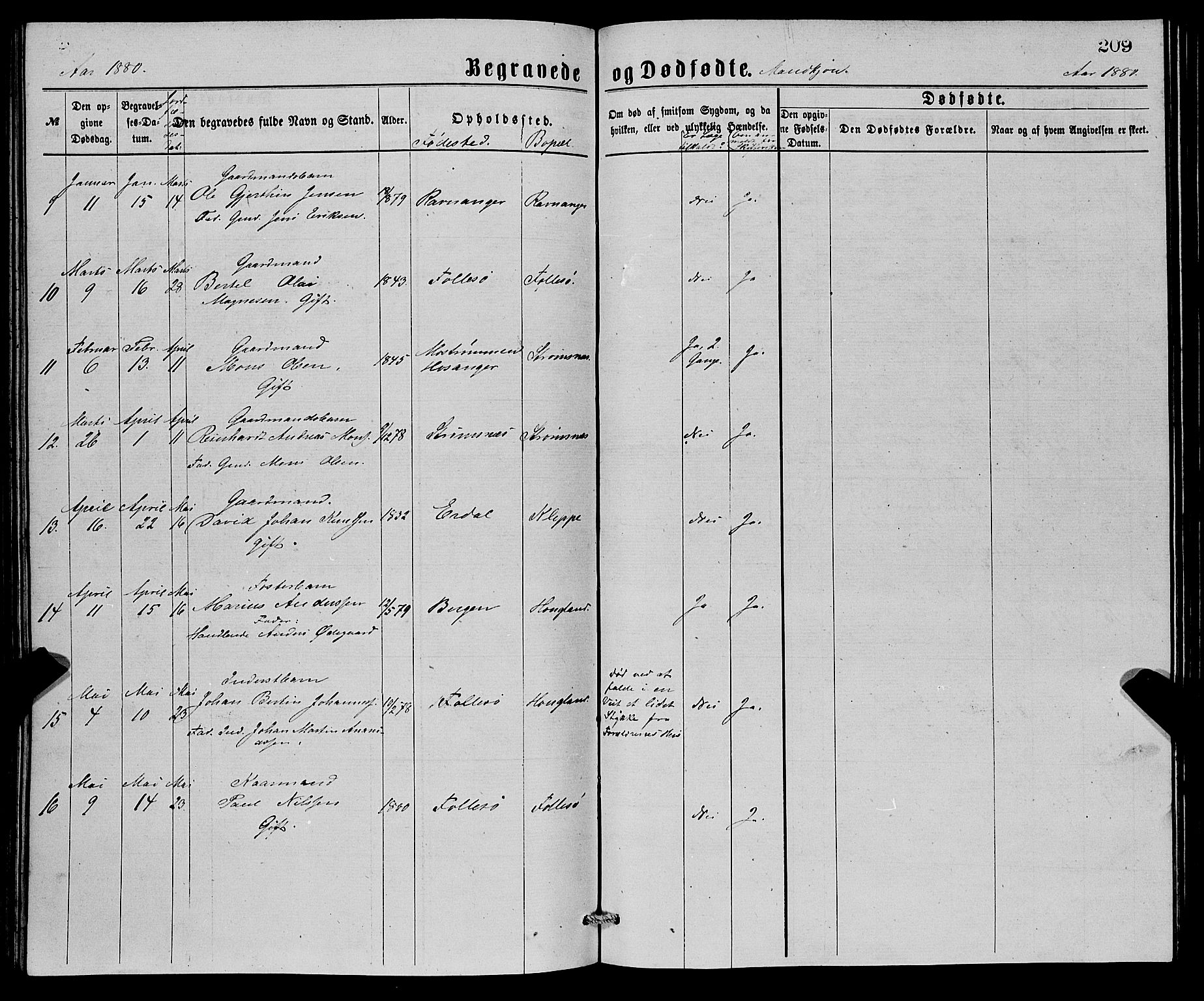 Askøy Sokneprestembete, AV/SAB-A-74101/H/Ha/Hab/Haba/L0007: Klokkerbok nr. A 7, 1871-1881, s. 209