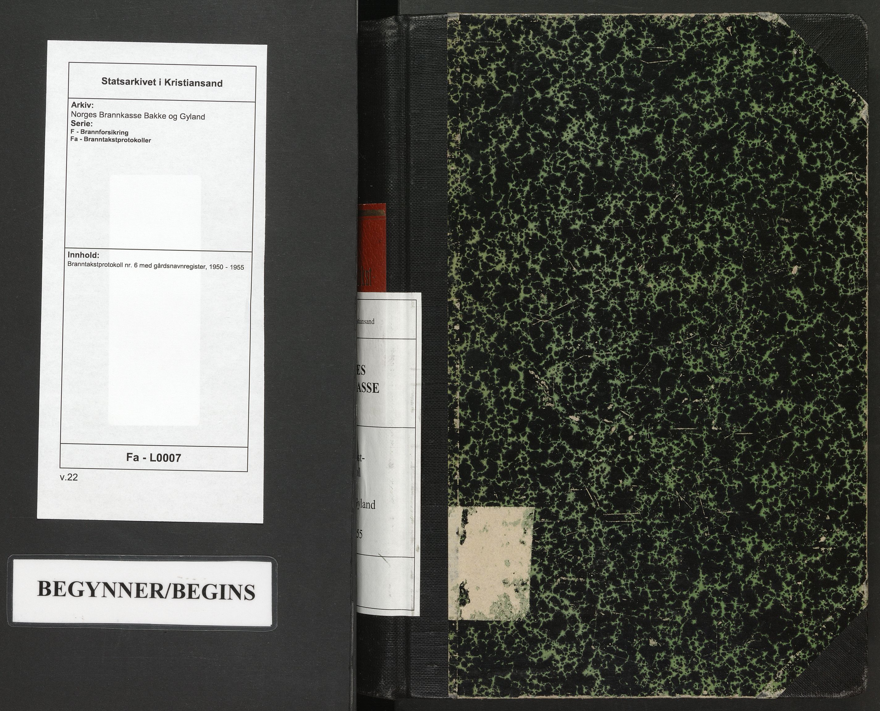 Norges Brannkasse Bakke og Gyland, AV/SAK-2241-0003/F/Fa/L0007: Branntakstprotokoll nr. 6 med gårdsnavnregister, 1950-1955