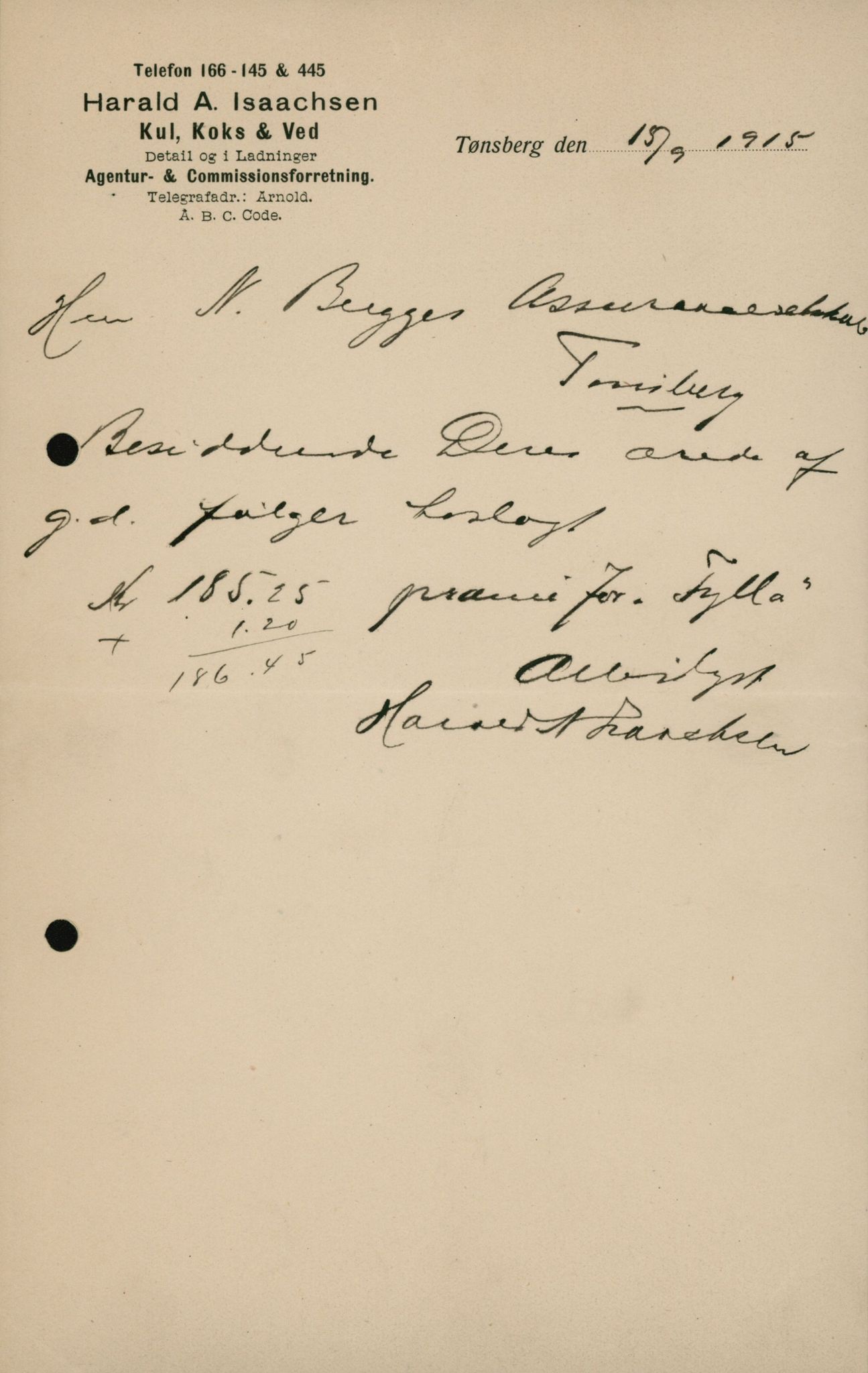 Pa 664 - Tønsberg Sjøforsikringsselskap, VEMU/A-1773/D/Da/L0001: Mai - November
Oscar Aalborg, 1915