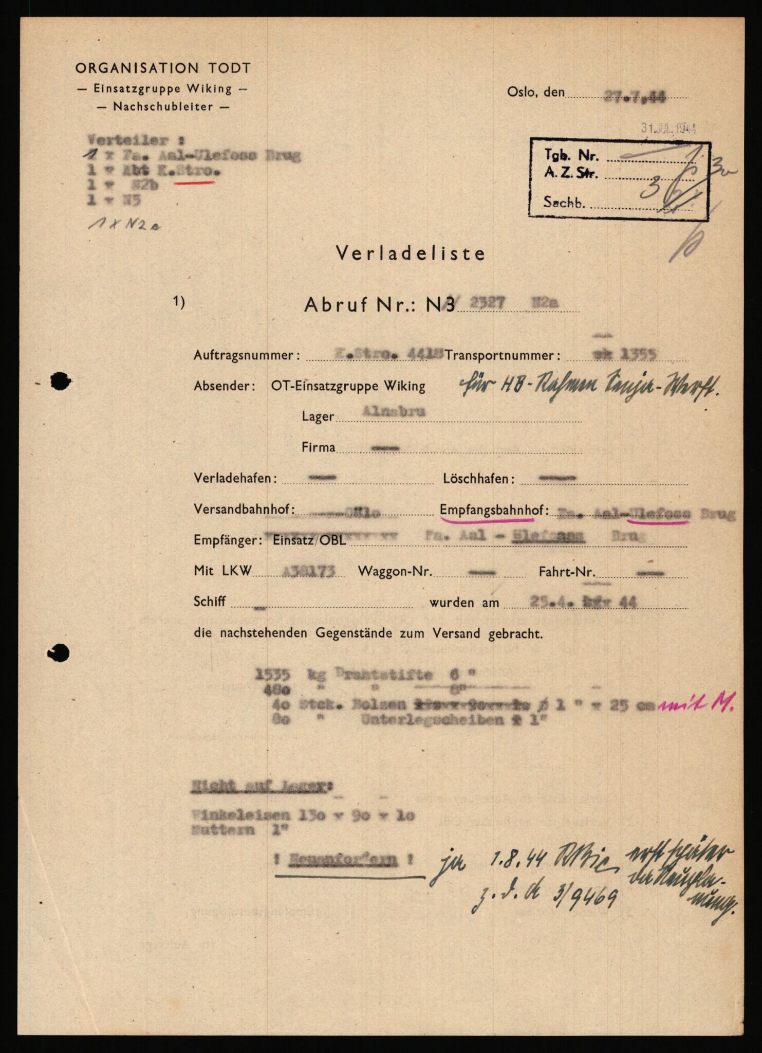Tyske arkiver, Organisation Todt (OT), Einsatzgruppe Wiking, AV/RA-RAFA-2188/1/E/E6/E6c/L0007: Nachschub: Arkivkode 9451-9490, 1940-1945, s. 96