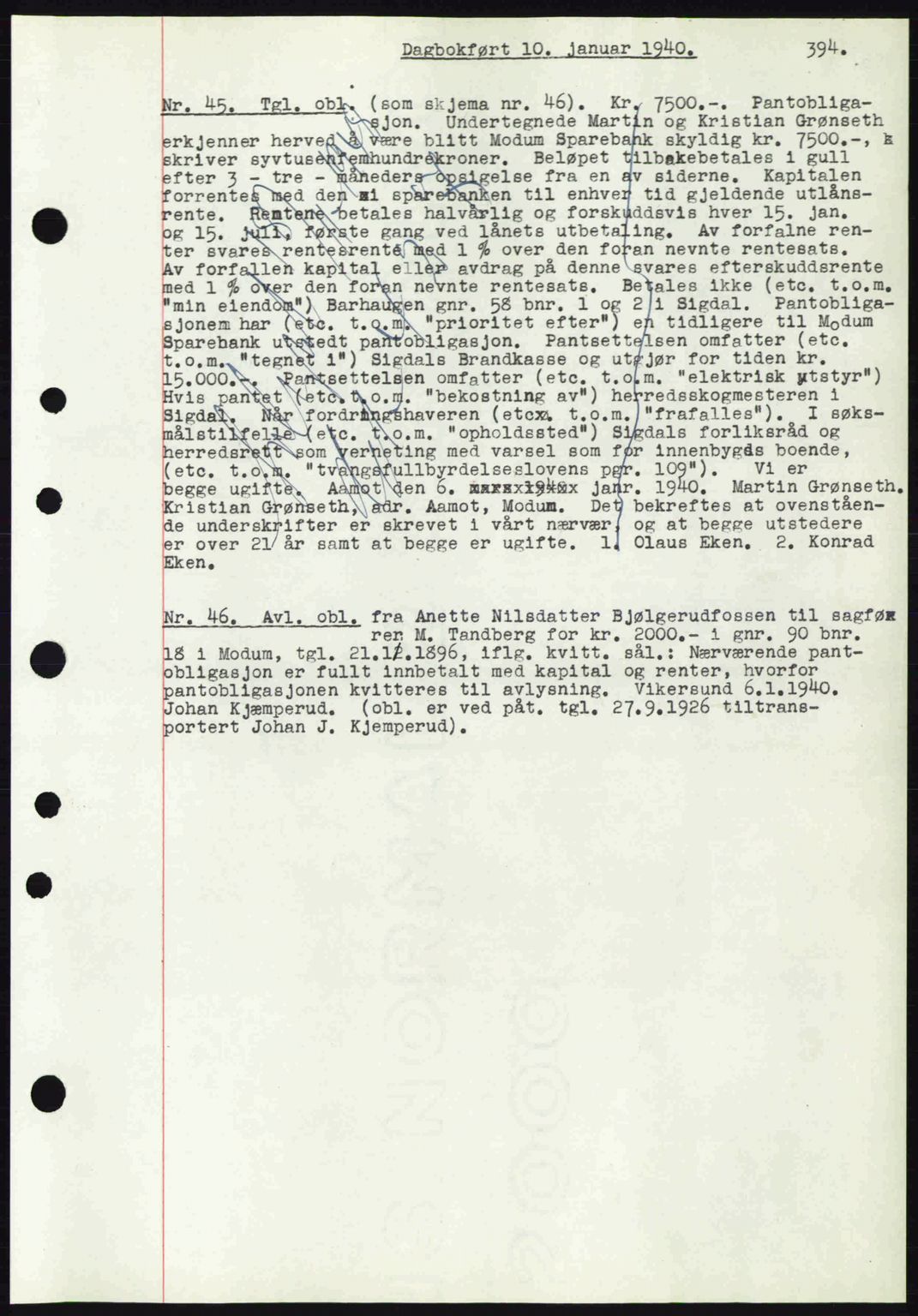 Eiker, Modum og Sigdal sorenskriveri, SAKO/A-123/G/Ga/Gab/L0041: Pantebok nr. A11, 1939-1940, Dagboknr: 45/1940