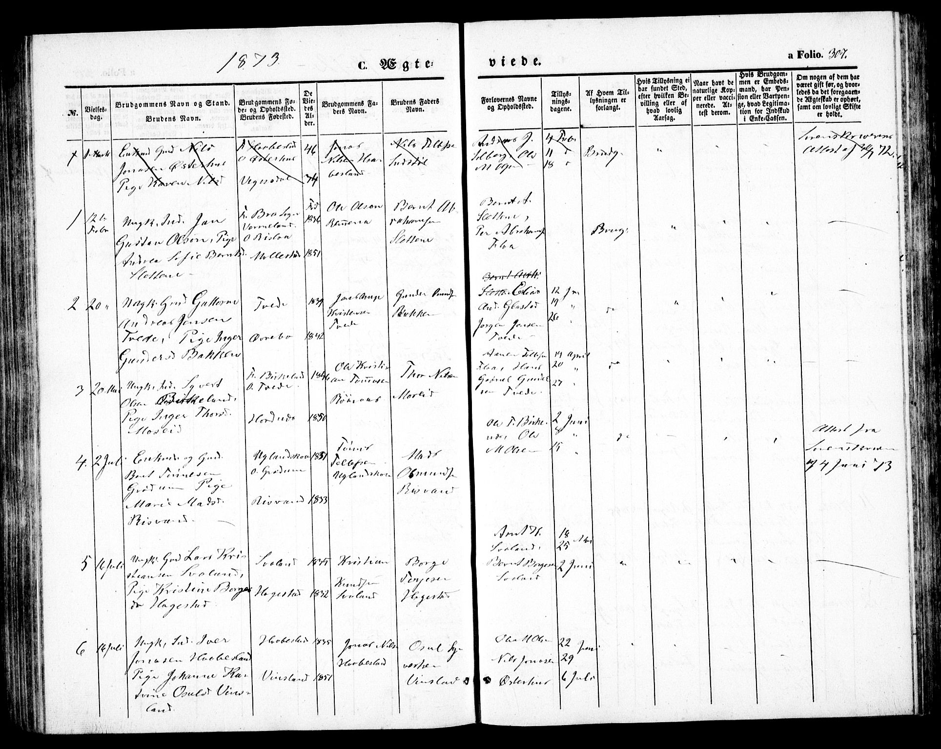 Birkenes sokneprestkontor, AV/SAK-1111-0004/F/Fb/L0002: Klokkerbok nr. B 2, 1849-1876, s. 307
