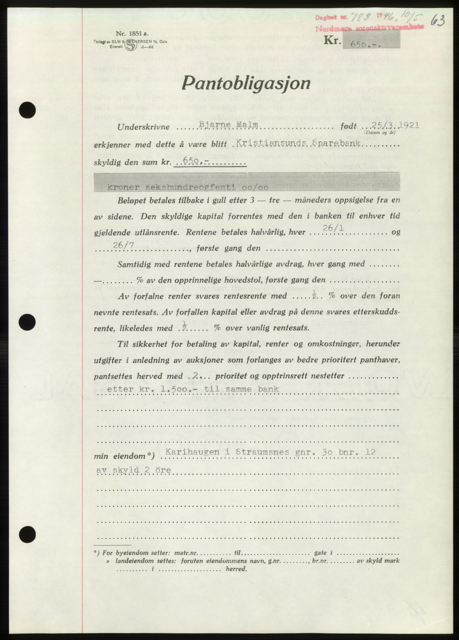 Nordmøre sorenskriveri, AV/SAT-A-4132/1/2/2Ca: Pantebok nr. B94, 1946-1946, Dagboknr: 783/1946