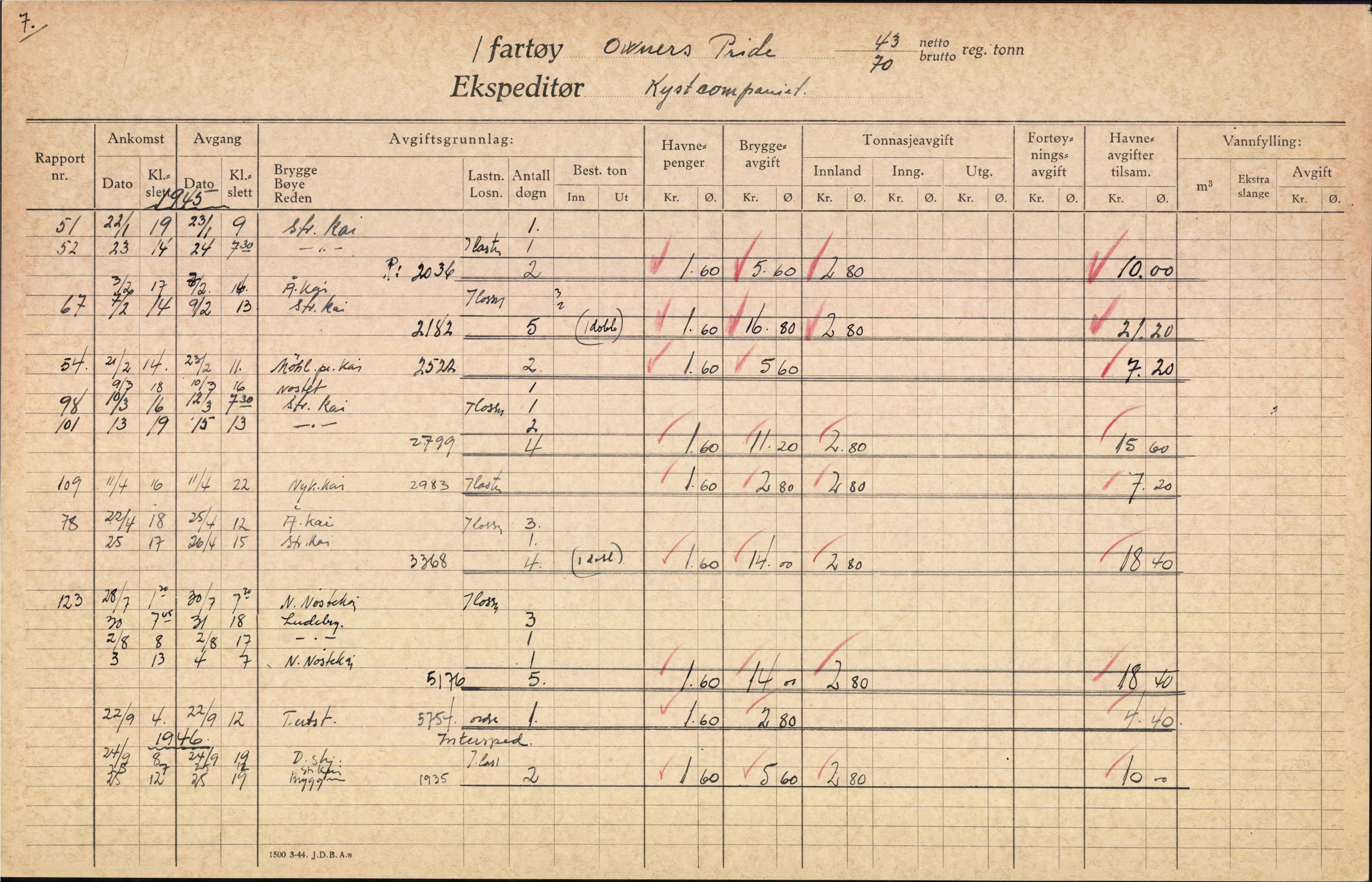 Bergen kommune. Havnekontor/havnefogd, BBA/A-0742/H/Ha/Hac/L0043: Skipsregister Owasco-Polarholm, 1941-1975