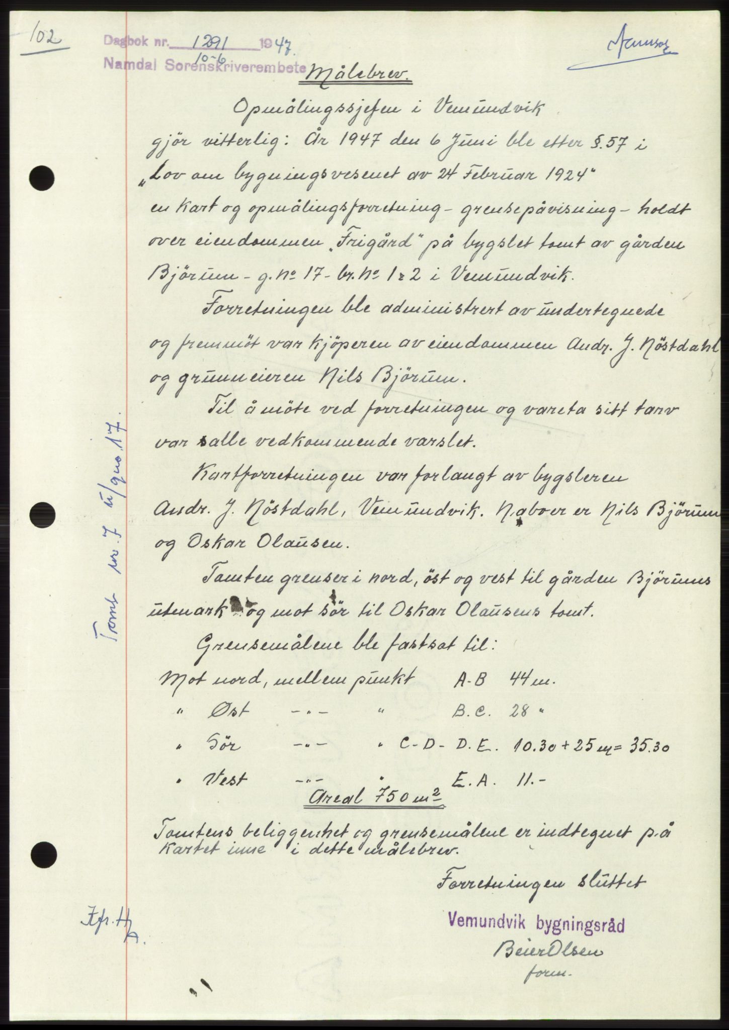 Namdal sorenskriveri, SAT/A-4133/1/2/2C: Pantebok nr. -, 1947-1947, Dagboknr: 1291/1947