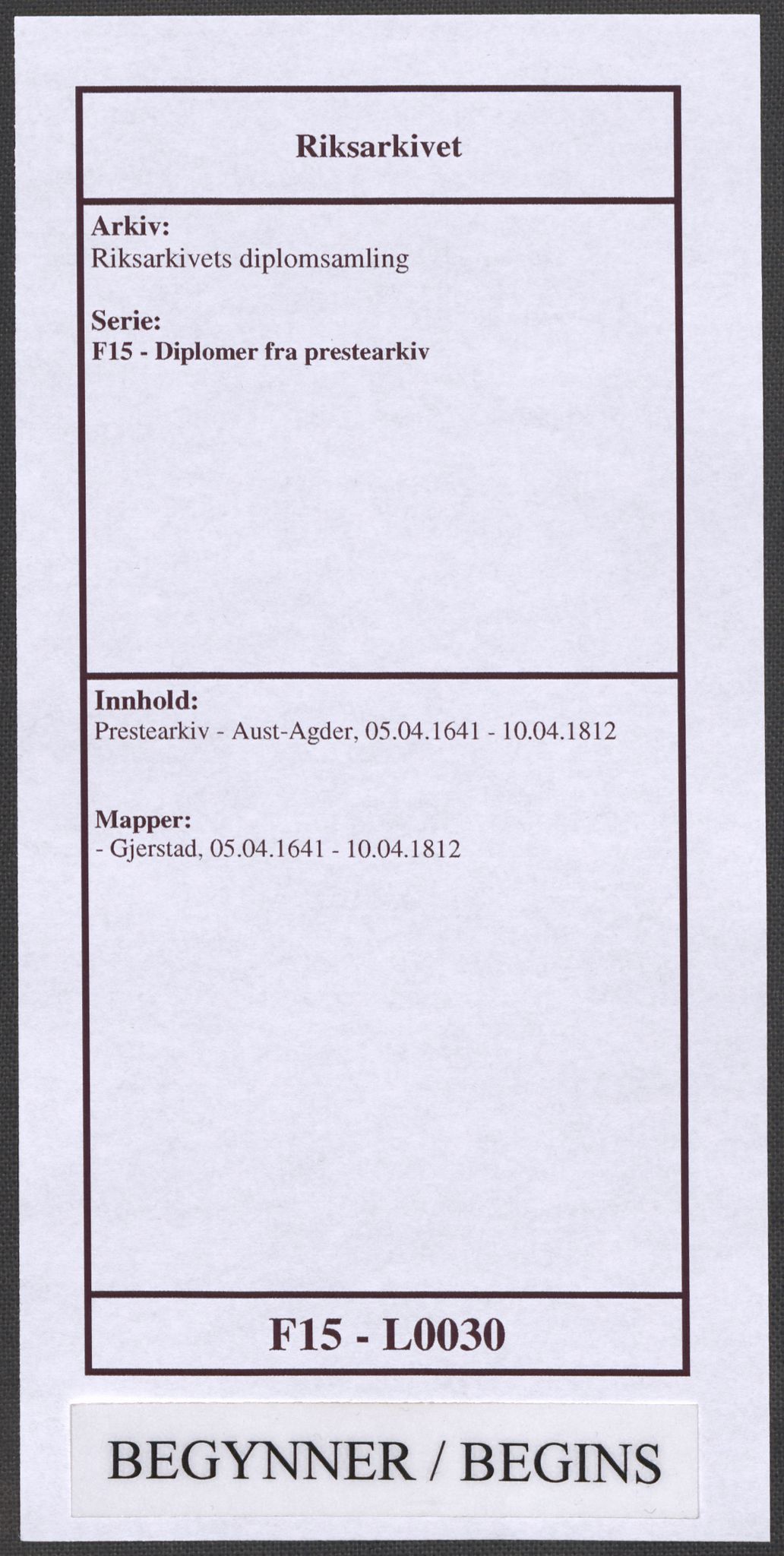 Riksarkivets diplomsamling, AV/RA-EA-5965/F15/L0030: Prestearkiv - Aust-Agder, 1641-1812, s. 1