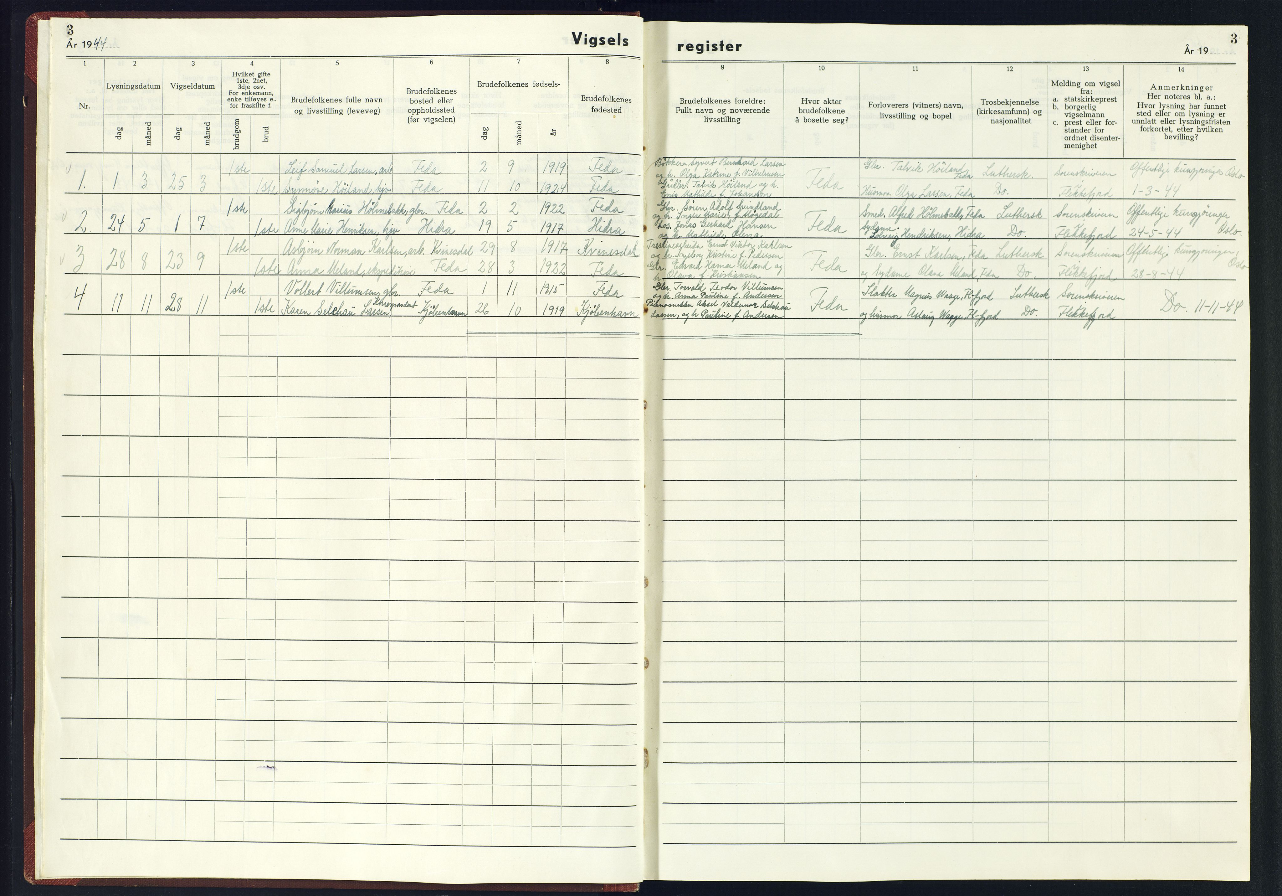 Kvinesdal sokneprestkontor, SAK/1111-0026/J/Jb/L0002: Vigselsregister nr. II.6.2, 1942-1944, s. 3