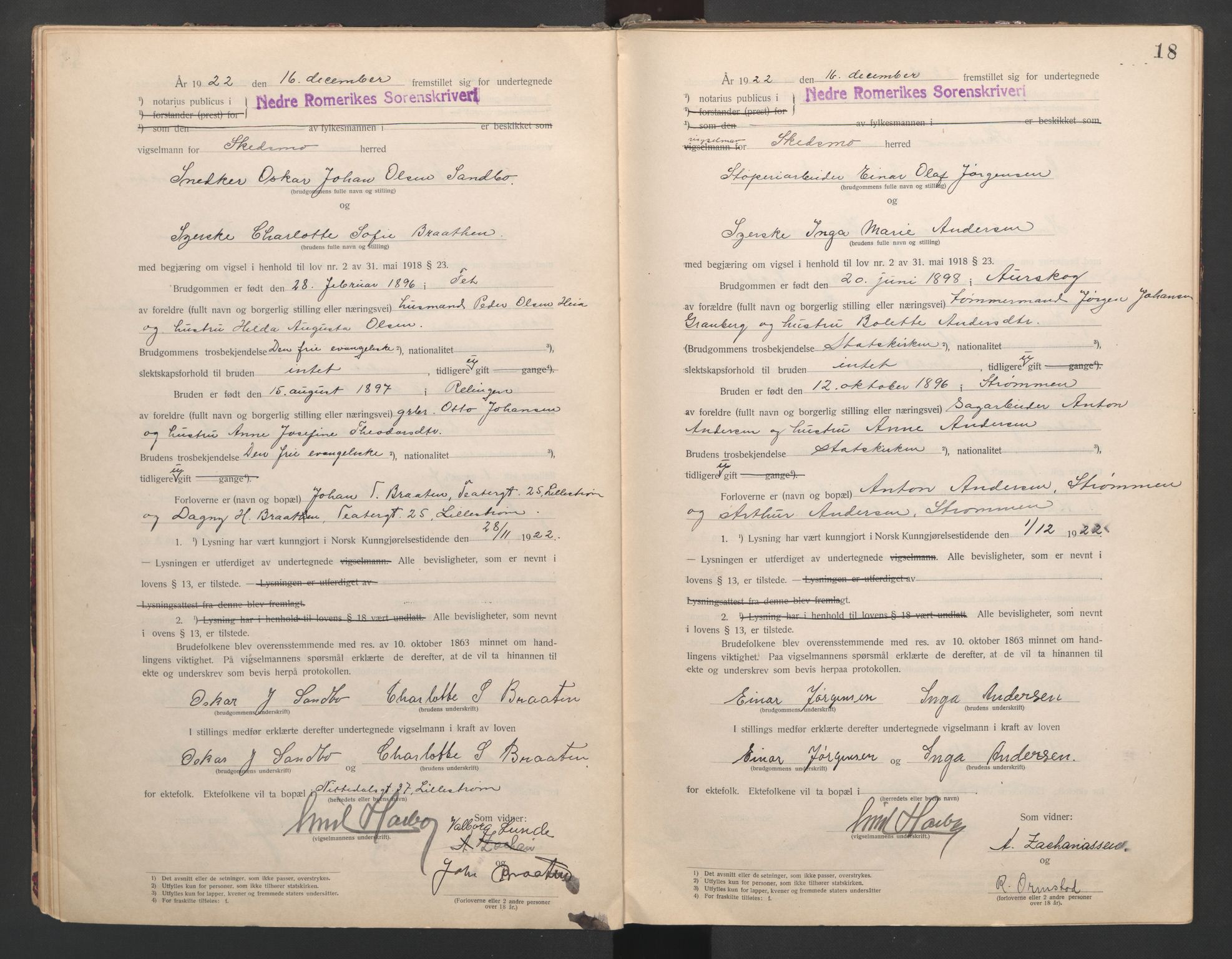 Nedre Romerike sorenskriveri, SAO/A-10469/L/Lb/L0001: Vigselsbok - borgerlige vielser, 1920-1935, s. 18