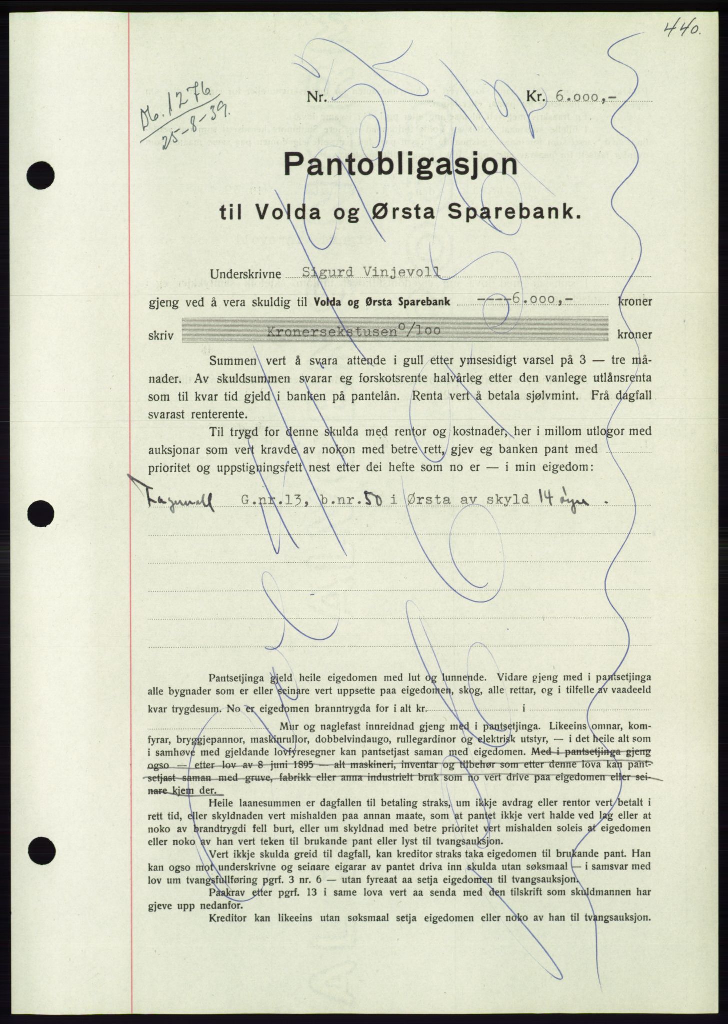 Søre Sunnmøre sorenskriveri, AV/SAT-A-4122/1/2/2C/L0068: Pantebok nr. 62, 1939-1939, Dagboknr: 1276/1939