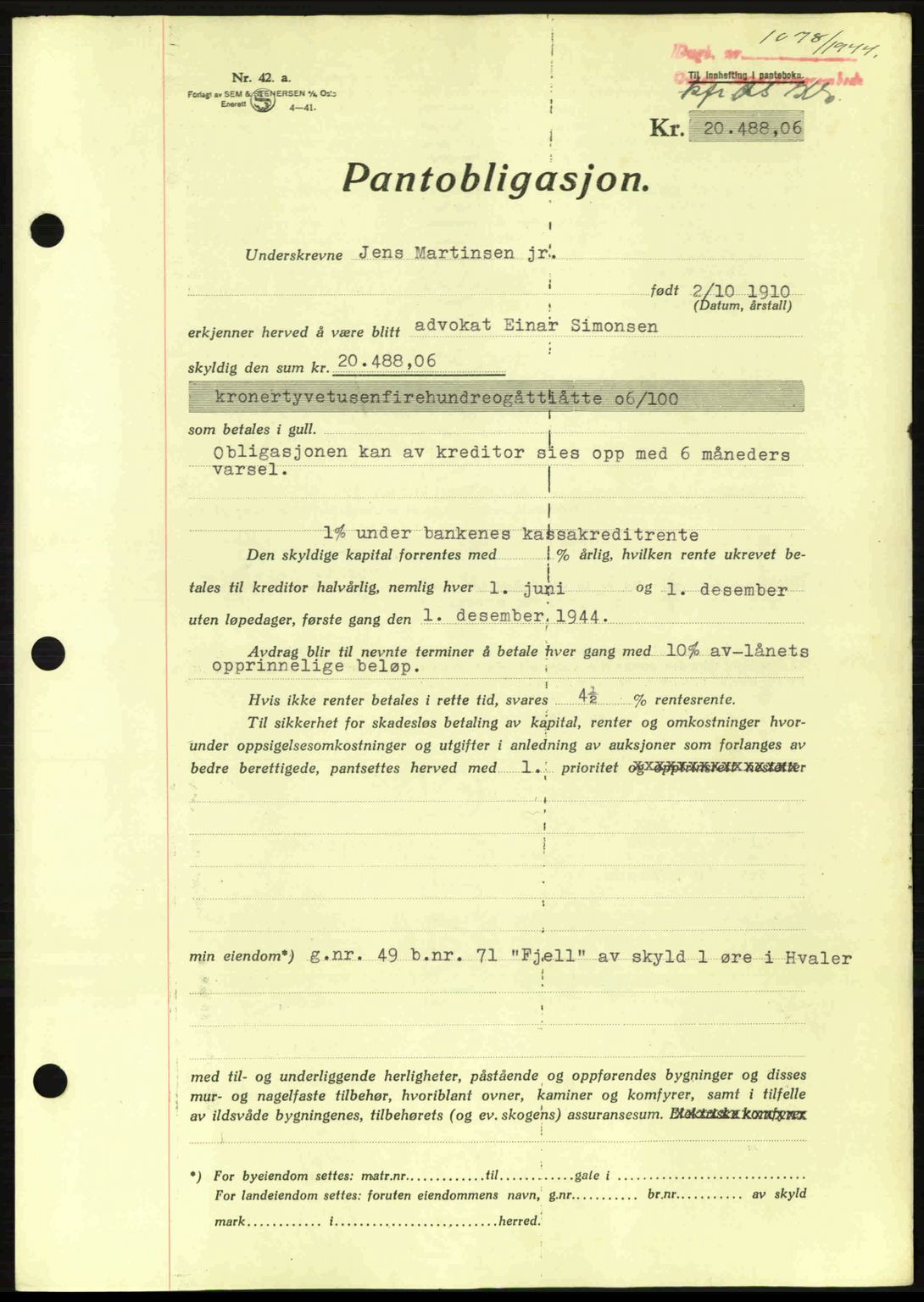 Onsøy sorenskriveri, SAO/A-10474/G/Ga/Gac/L0003: Pantebok nr. B3, 1940-1944, Dagboknr: 1078/1944