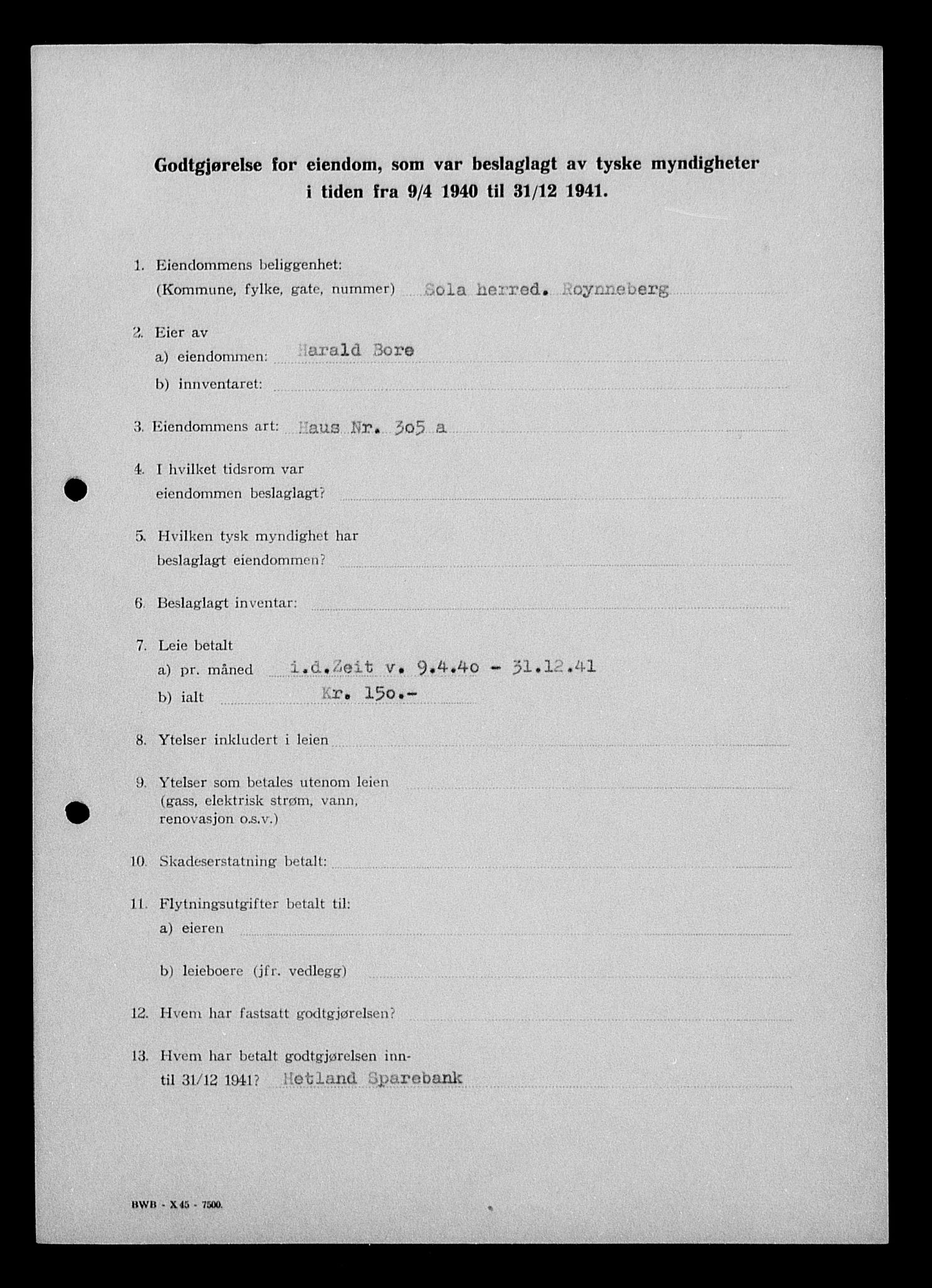 Justisdepartementet, Tilbakeføringskontoret for inndratte formuer, AV/RA-S-1564/I/L1014: Godtgjørelse for beslaglagt eiendom, 1940-1941, s. 194