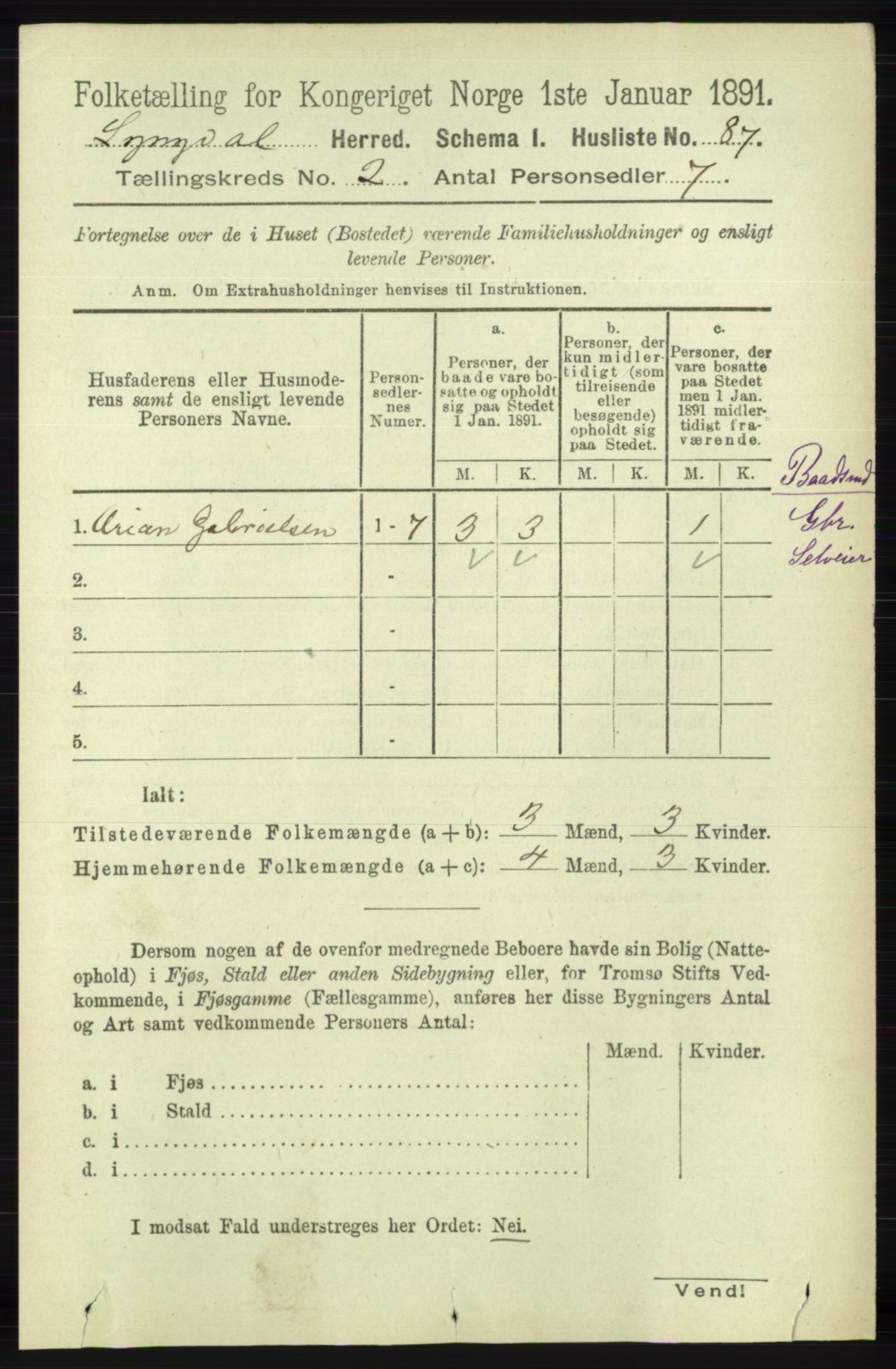 RA, Folketelling 1891 for 1032 Lyngdal herred, 1891, s. 540