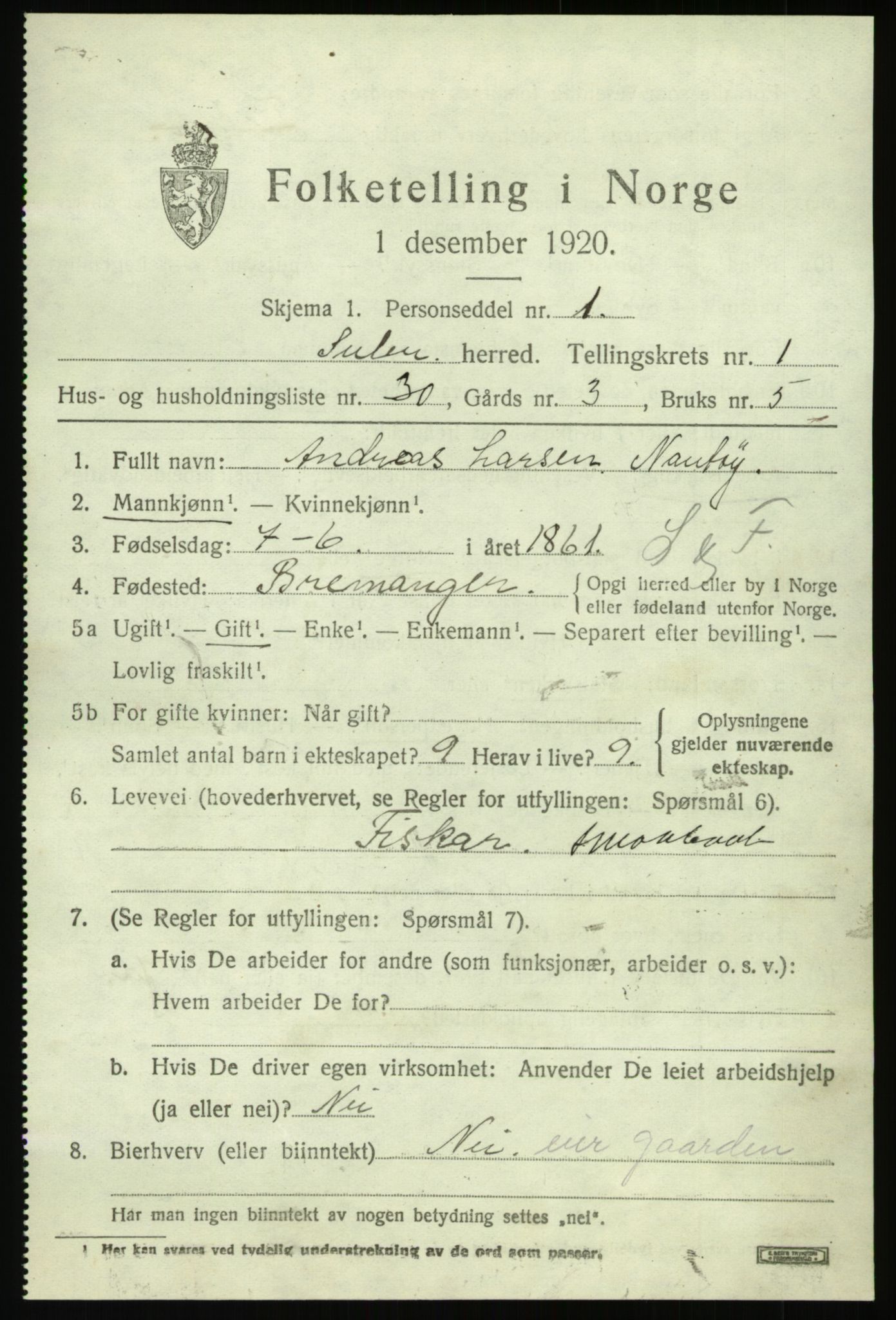 SAB, Folketelling 1920 for 1412 Solund herred, 1920, s. 1048