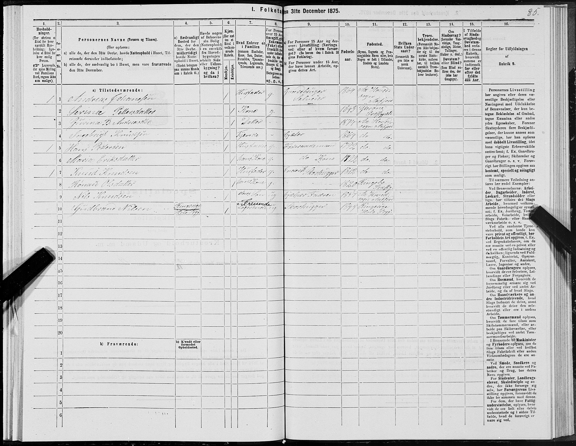 SAT, Folketelling 1875 for 1630P Aafjorden prestegjeld, 1875, s. 1085