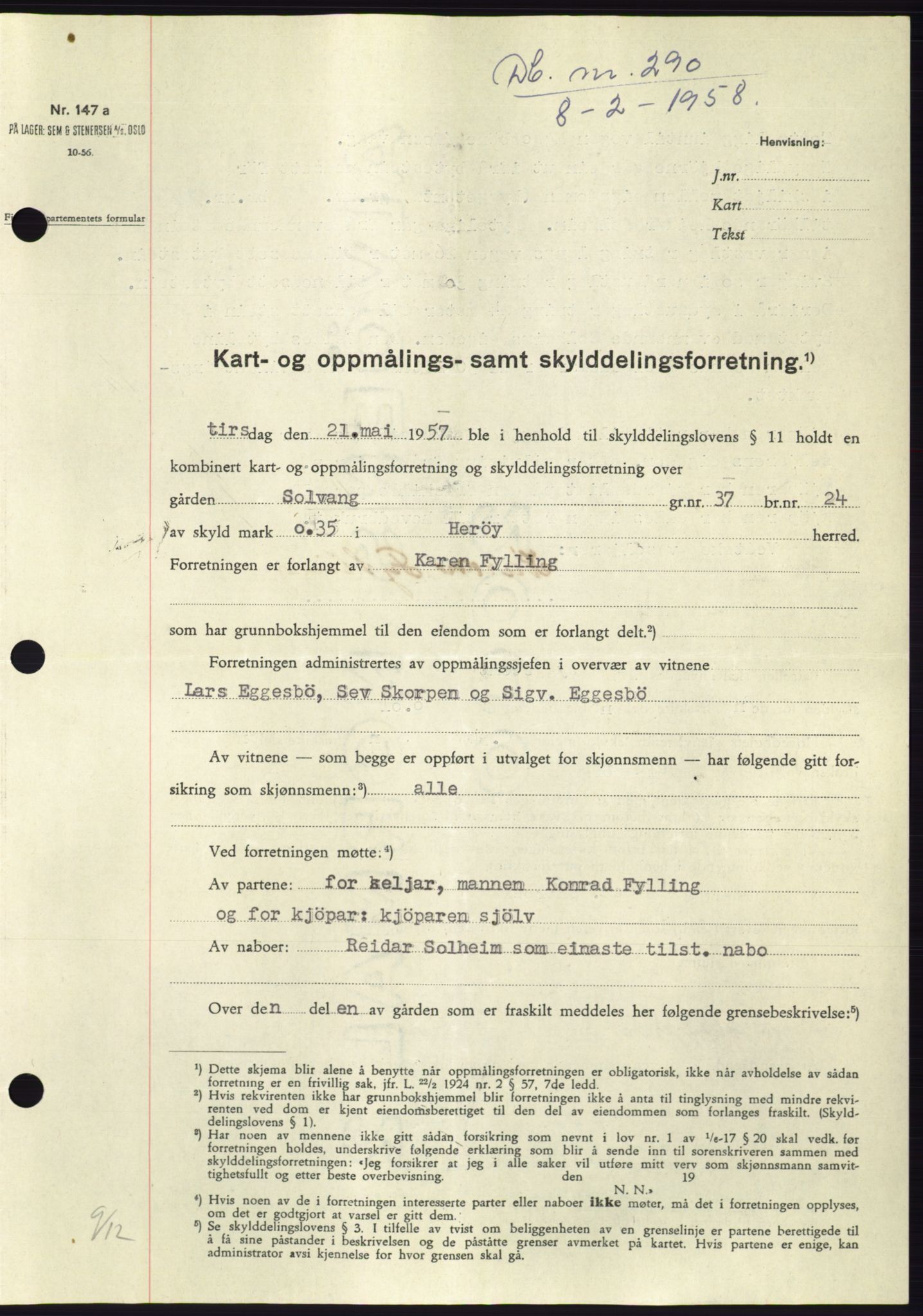 Søre Sunnmøre sorenskriveri, SAT/A-4122/1/2/2C/L0109: Pantebok nr. 35A, 1958-1958, Dagboknr: 290/1958