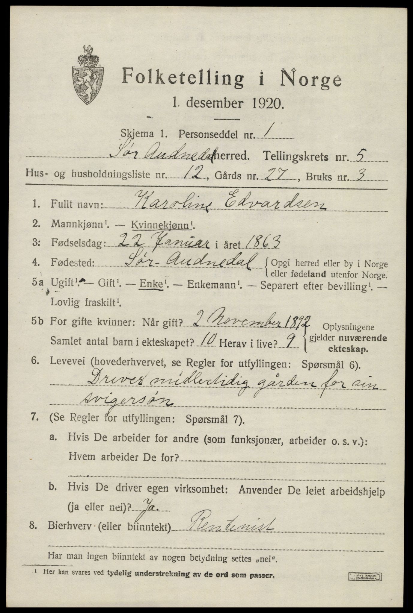 SAK, Folketelling 1920 for 1029 Sør-Audnedal herred, 1920, s. 2615