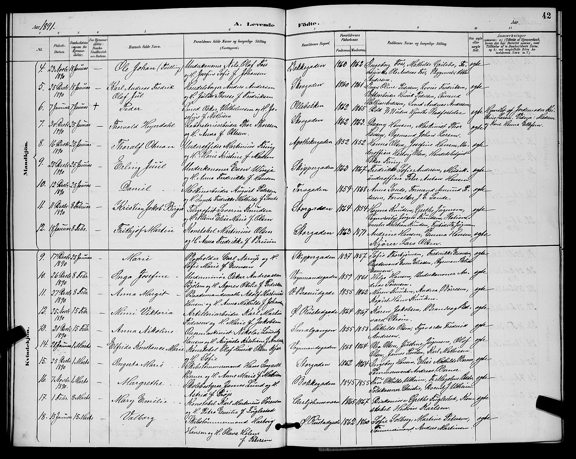 Horten kirkebøker, AV/SAKO-A-348/G/Ga/L0005: Klokkerbok nr. 5, 1888-1895, s. 42