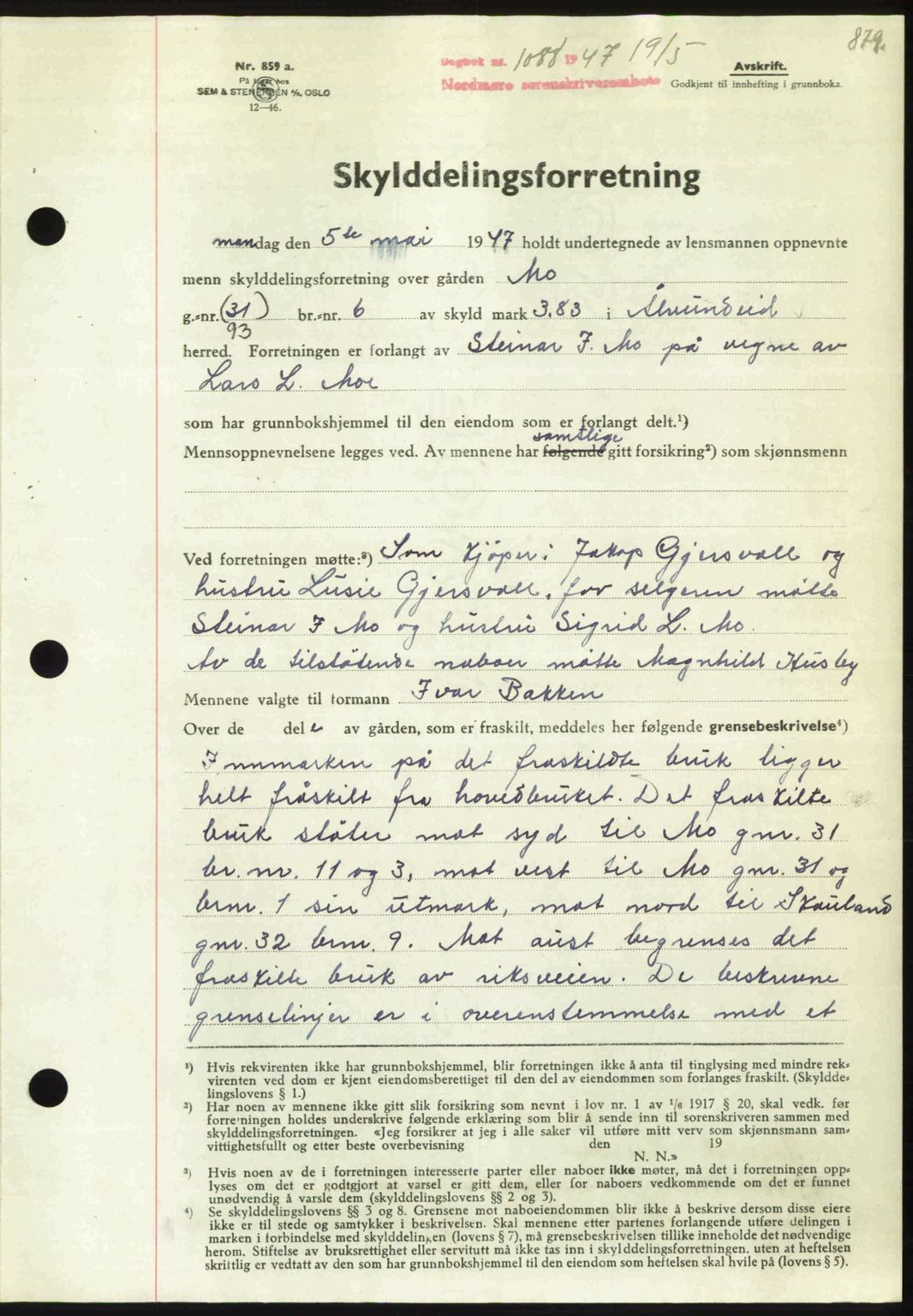 Nordmøre sorenskriveri, SAT/A-4132/1/2/2Ca: Pantebok nr. A104, 1947-1947, Dagboknr: 1088/1947