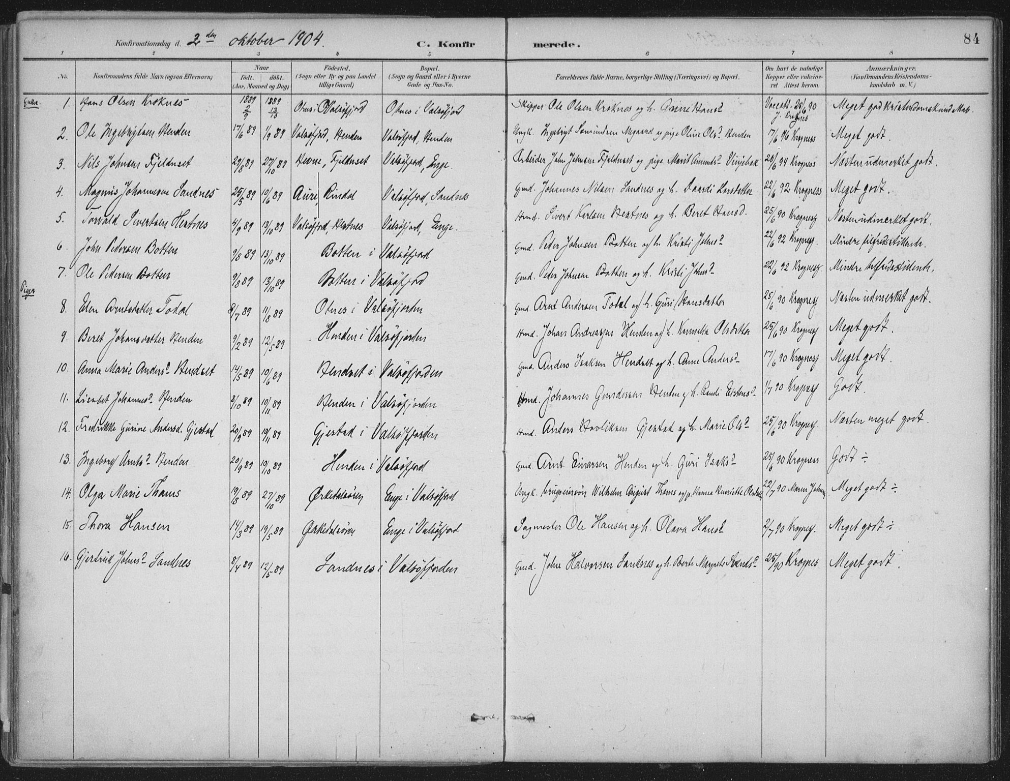 Ministerialprotokoller, klokkerbøker og fødselsregistre - Møre og Romsdal, AV/SAT-A-1454/580/L0925: Ministerialbok nr. 580A02, 1888-1913, s. 84