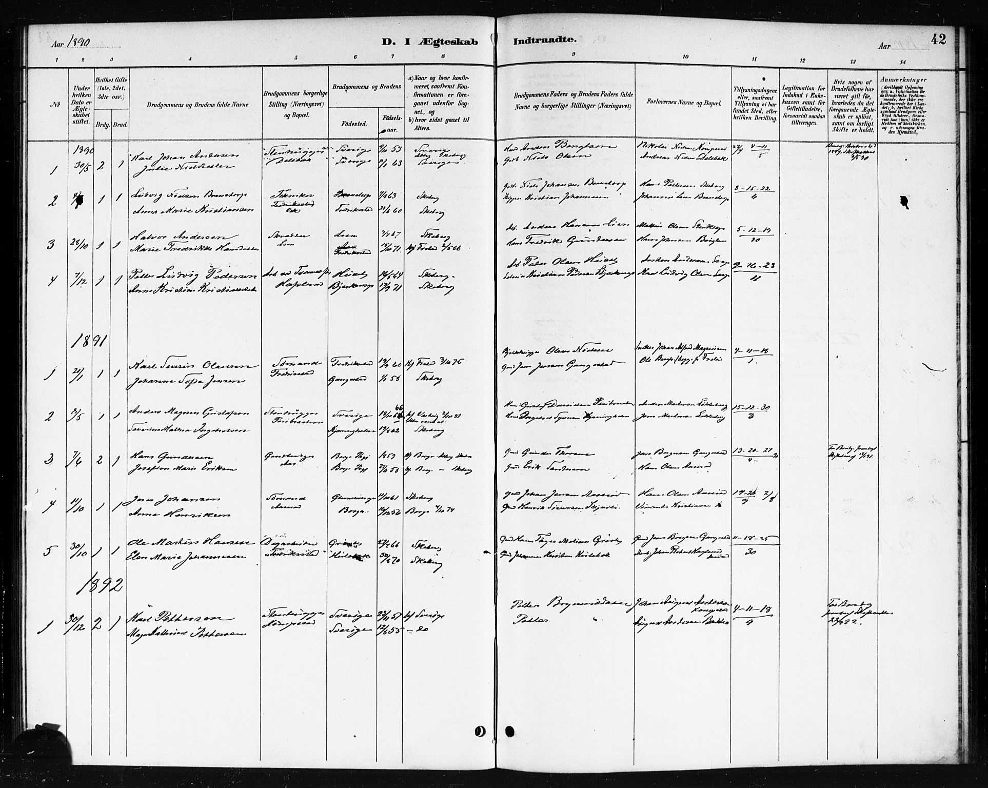 Skjeberg prestekontor Kirkebøker, SAO/A-10923/F/Fb/L0001: Ministerialbok nr. II 1, 1886-1894, s. 42