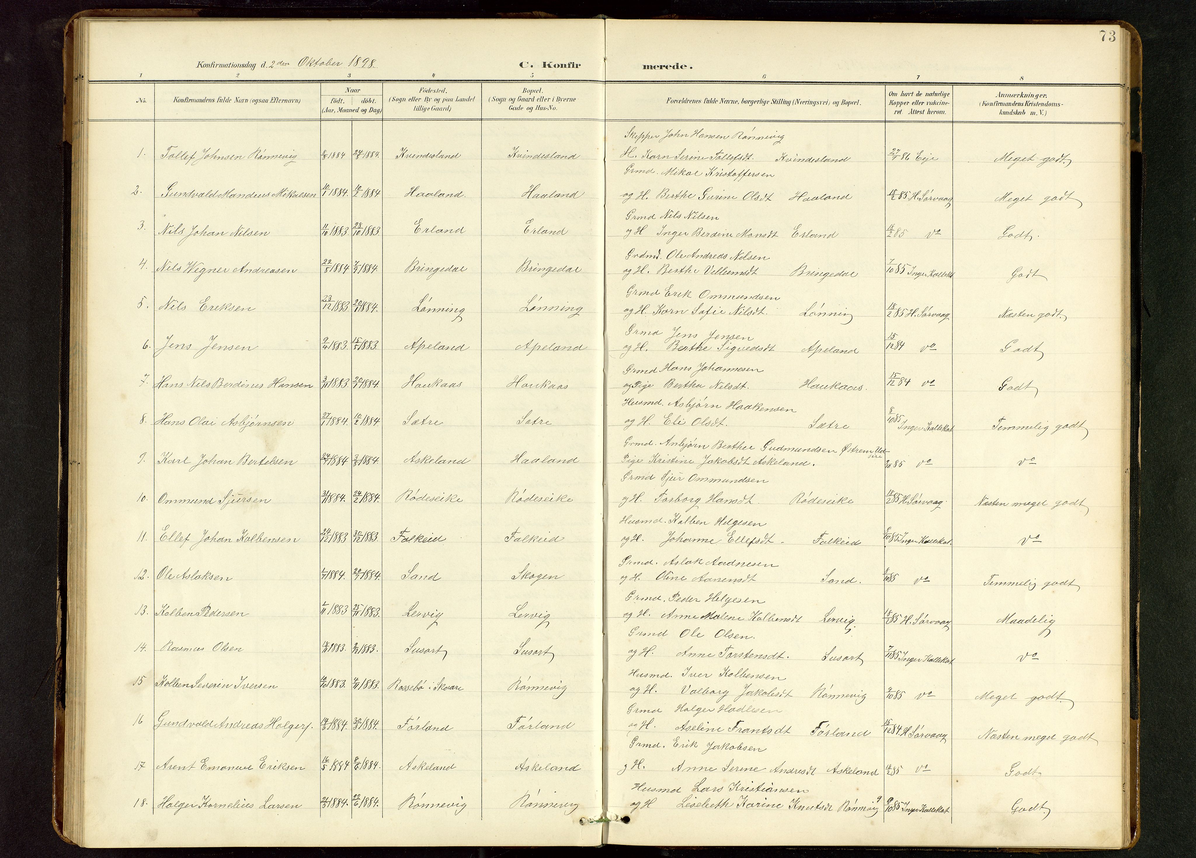 Tysvær sokneprestkontor, AV/SAST-A -101864/H/Ha/Hab/L0010: Klokkerbok nr. B 10, 1897-1912, s. 73