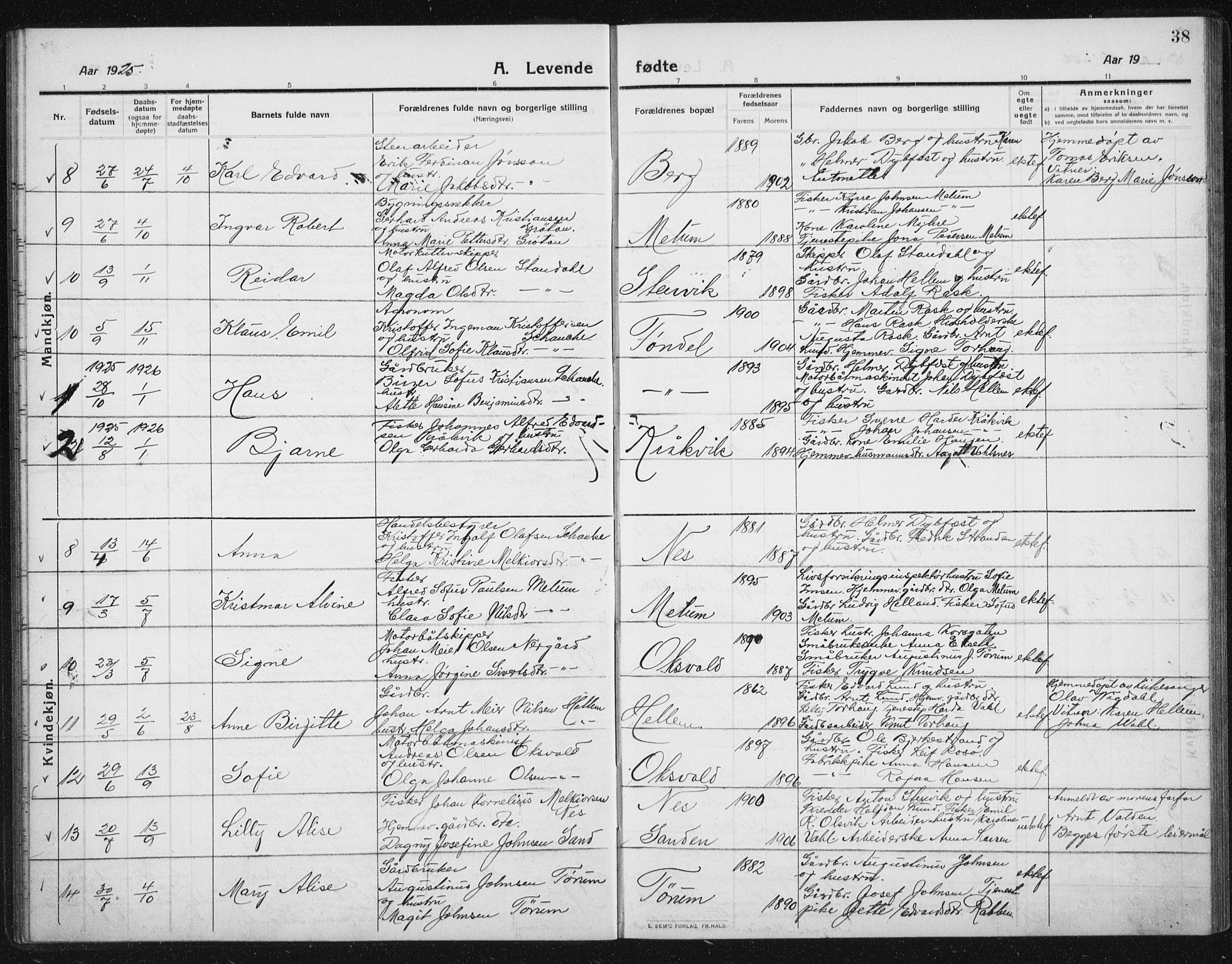 Ministerialprotokoller, klokkerbøker og fødselsregistre - Sør-Trøndelag, SAT/A-1456/652/L0654: Klokkerbok nr. 652C02, 1910-1937, s. 38