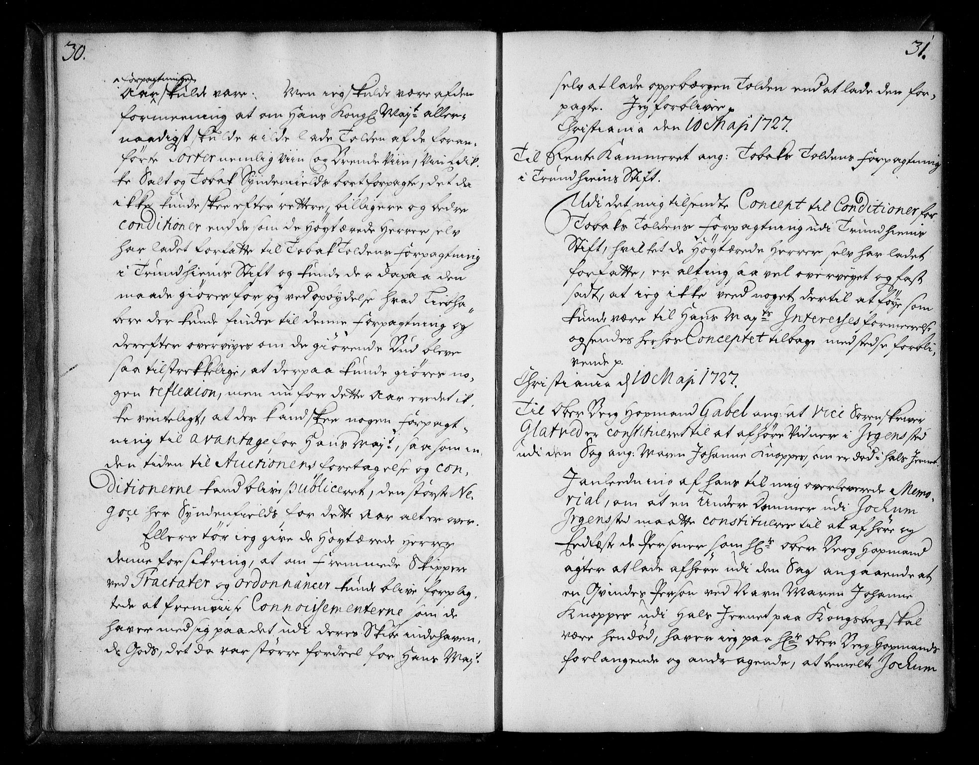 Stattholderembetet 1572-1771, AV/RA-EA-2870/Be/L0009: Allmenn kopibok, ikke autorisert, 1727-1729, s. 30-31
