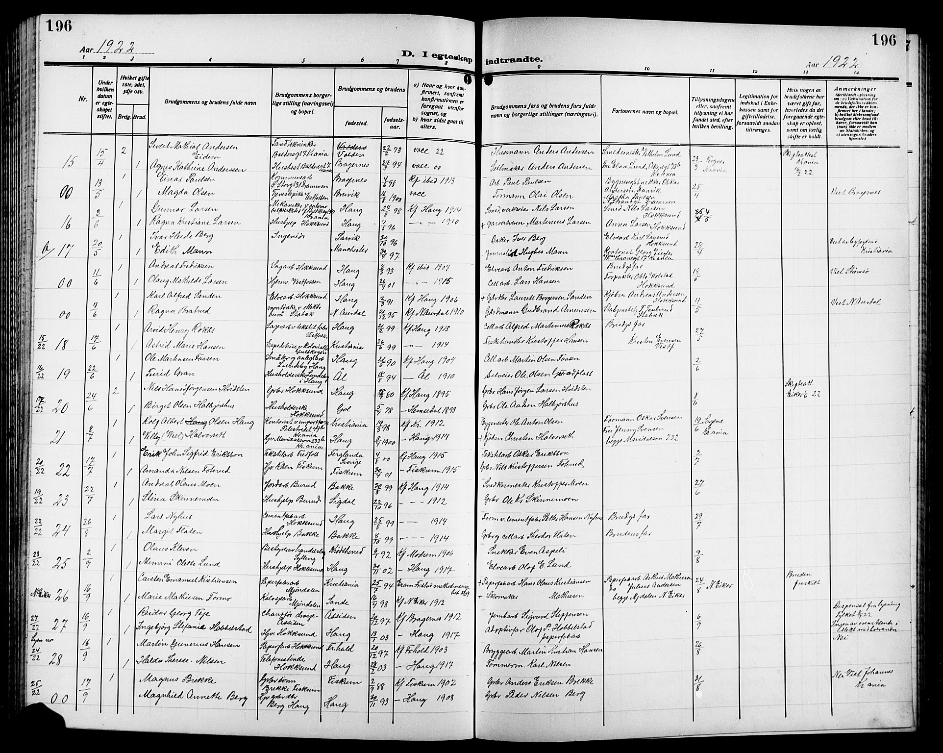 Eiker kirkebøker, AV/SAKO-A-4/G/Ga/L0009: Klokkerbok nr. I 9, 1915-1924, s. 196