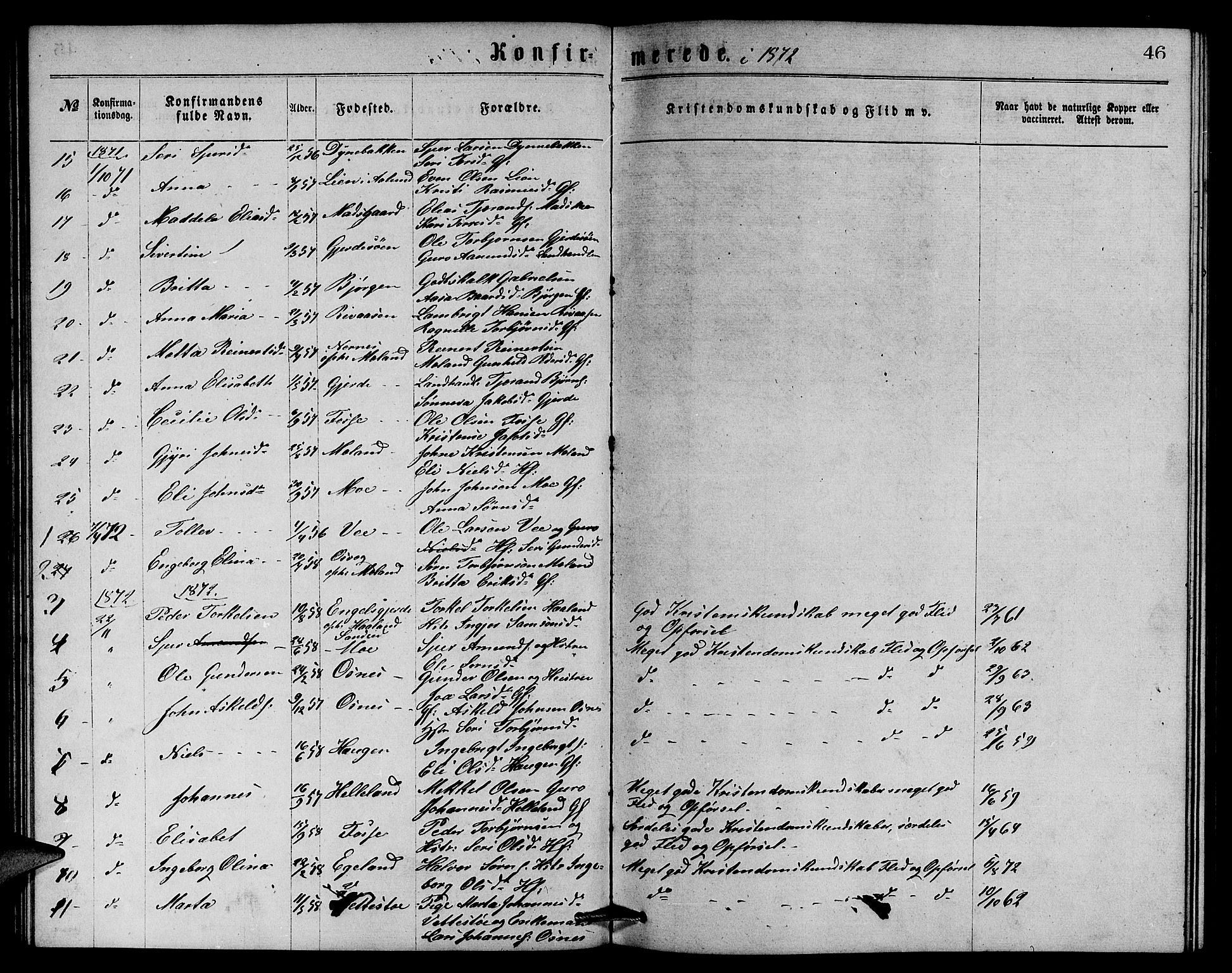 Etne sokneprestembete, AV/SAB-A-75001/H/Hab: Klokkerbok nr. B 3, 1867-1878, s. 46
