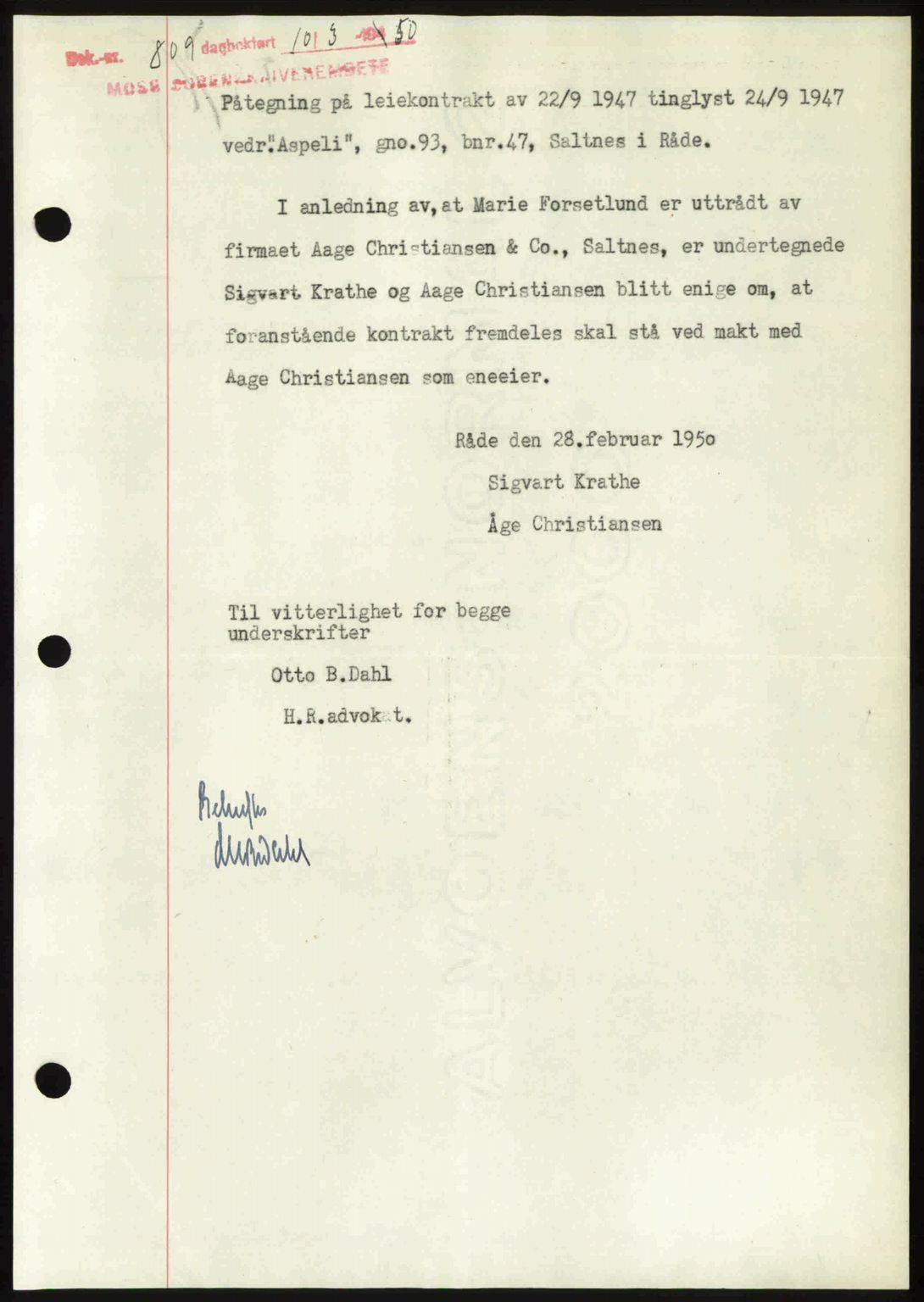 Moss sorenskriveri, SAO/A-10168: Pantebok nr. A25, 1950-1950, Dagboknr: 809/1950
