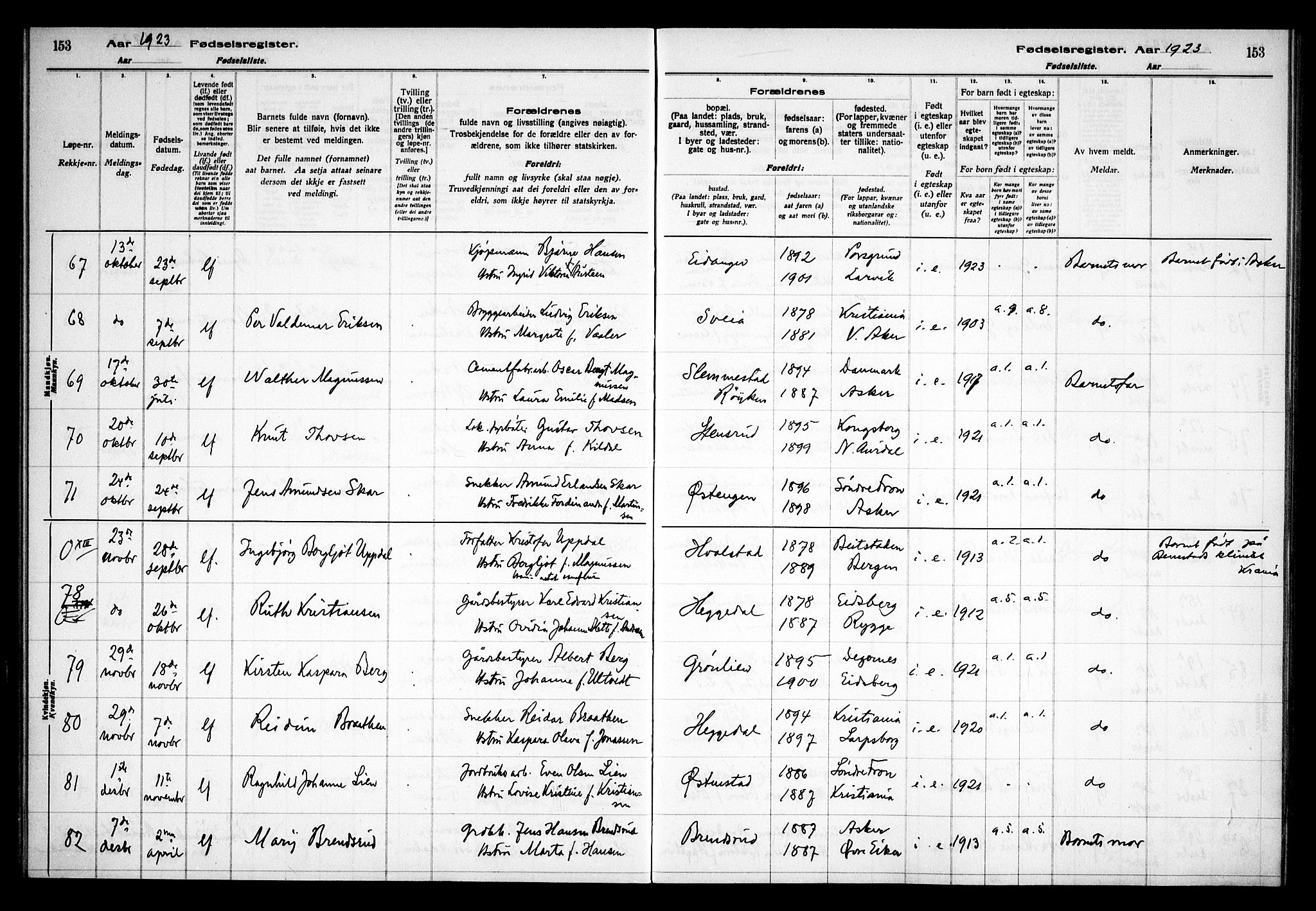 Asker prestekontor Kirkebøker, AV/SAO-A-10256a/J/L0001: Fødselsregister nr. 1, 1916-1925, s. 153