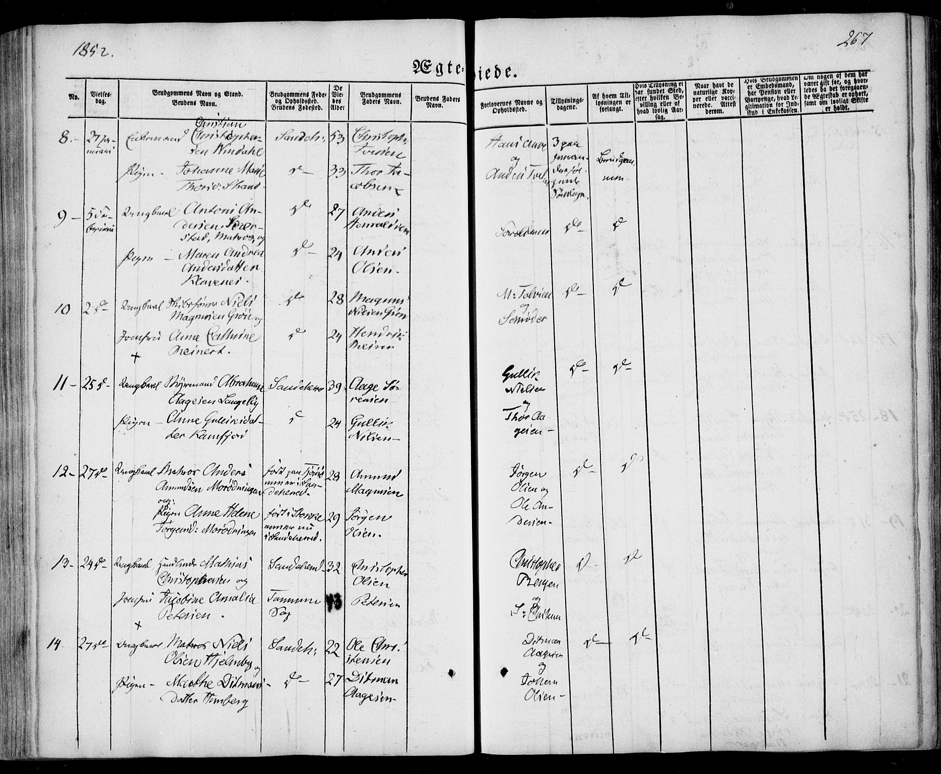 Sandar kirkebøker, AV/SAKO-A-243/F/Fa/L0006: Ministerialbok nr. 6, 1847-1860, s. 267