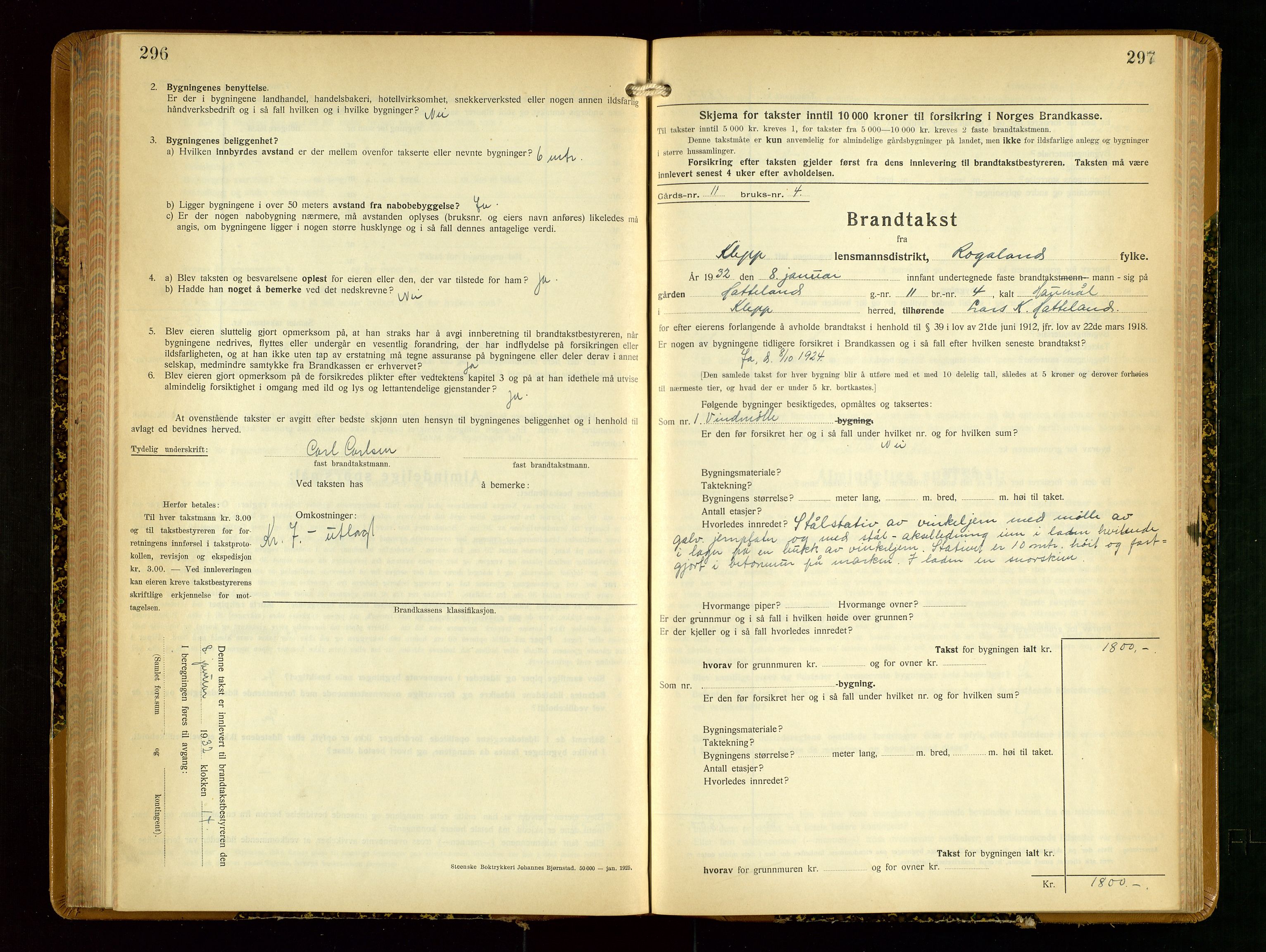 Klepp lensmannskontor, SAST/A-100163/Goc/L0012: "Brandtakstprotokoll" m/register, 1929-1933, s. 296-297