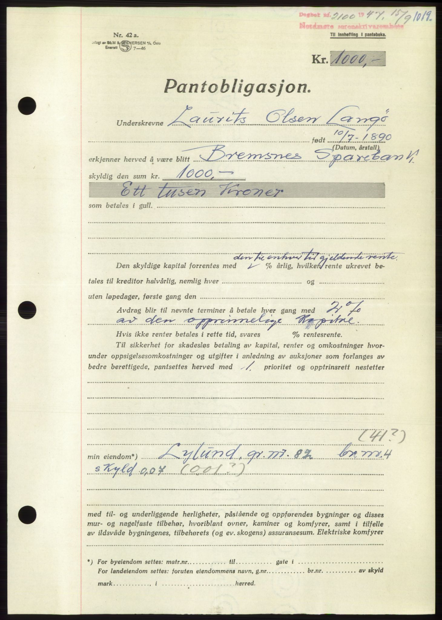 Nordmøre sorenskriveri, SAT/A-4132/1/2/2Ca: Pantebok nr. B96, 1947-1947, Dagboknr: 2100/1947