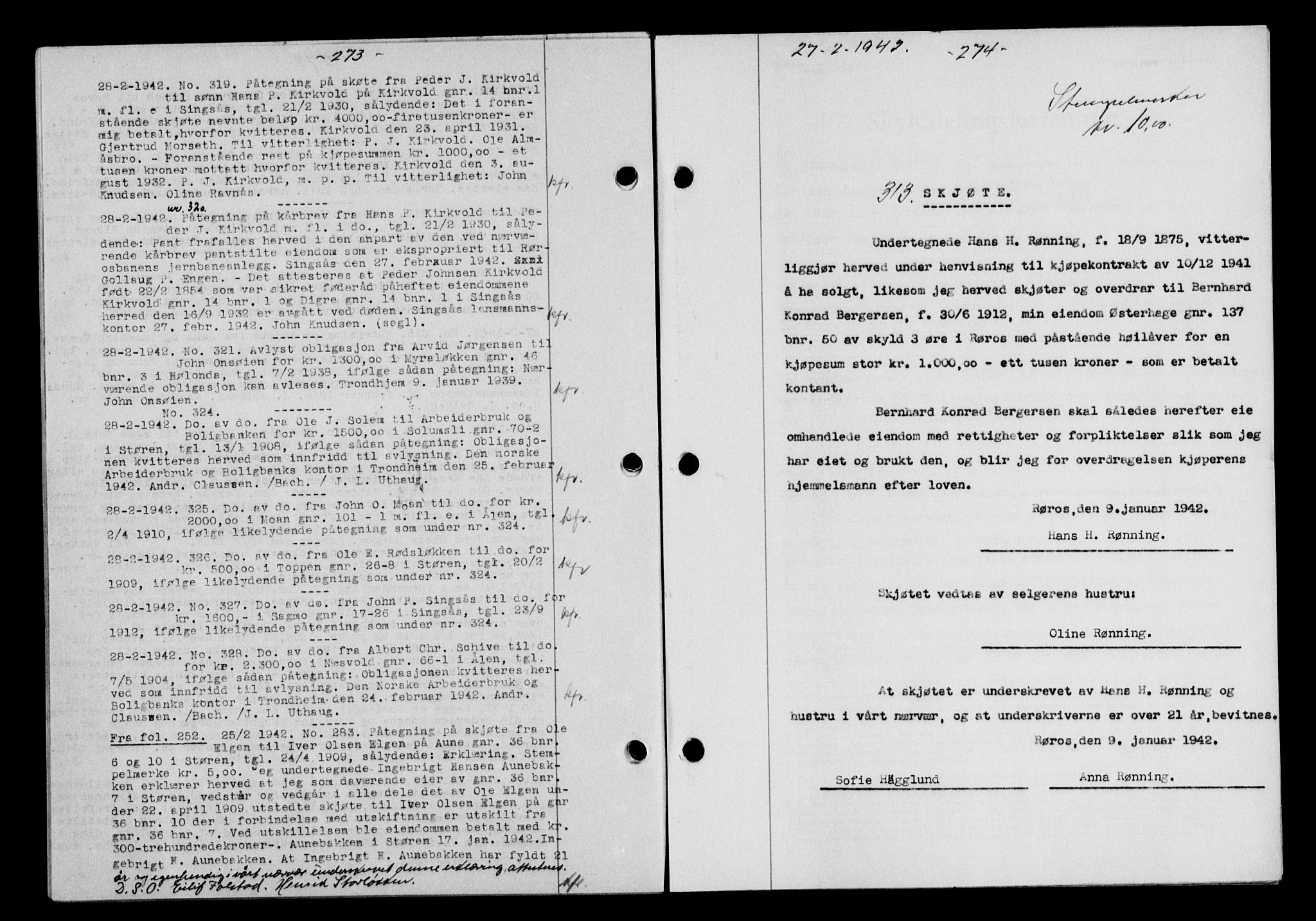 Gauldal sorenskriveri, SAT/A-0014/1/2/2C/L0054: Pantebok nr. 59, 1941-1942, Dagboknr: 313/1942