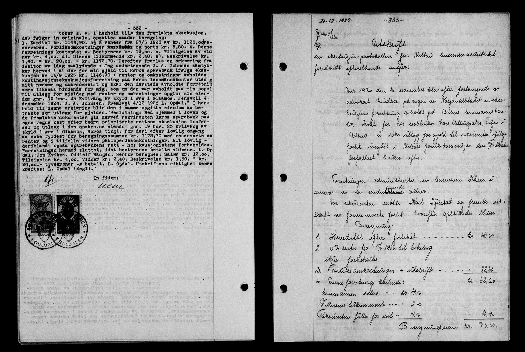 Gauldal sorenskriveri, SAT/A-0014/1/2/2C/L0035: Pantebok nr. 36, 1926-1927, s. 332-333, Tingl.dato: 20.12.1926