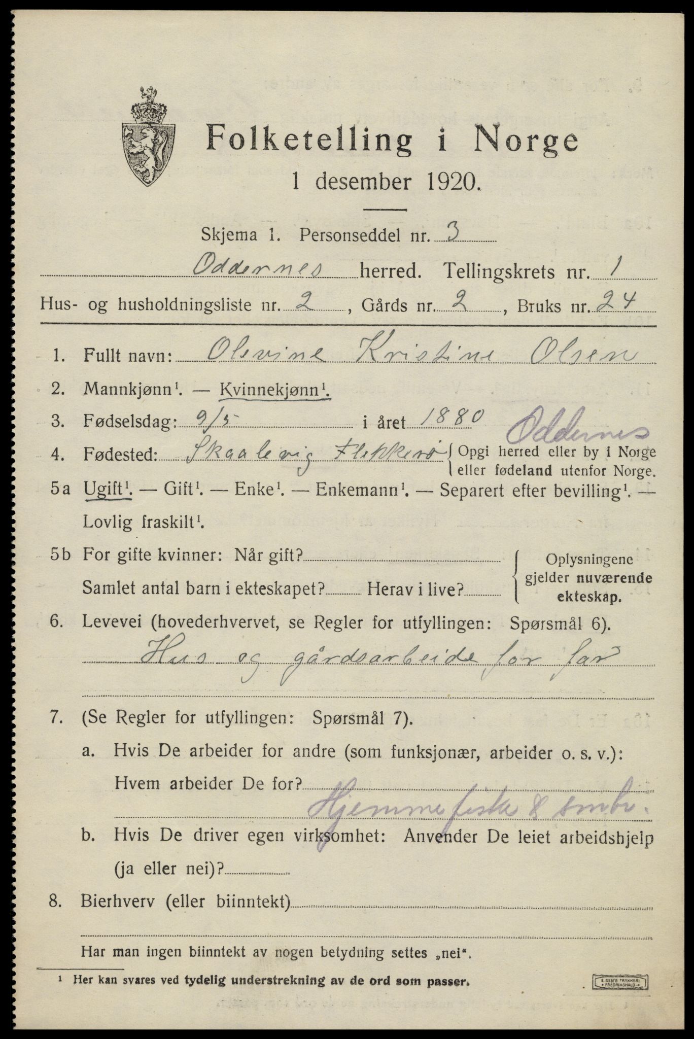 SAK, Folketelling 1920 for 1012 Oddernes herred, 1920, s. 2015
