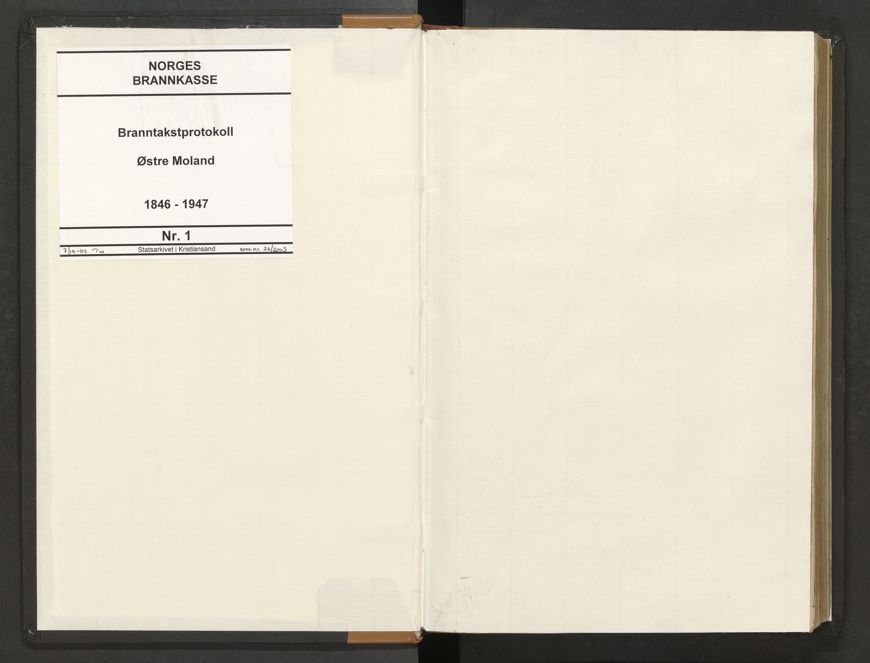 Norges Brannkasse Austre Moland og Stokken, AV/SAK-2241-0057/F/Fa/L0001: Branntakstprotokoll nr. 1 for Østre Moland, 1846-1947