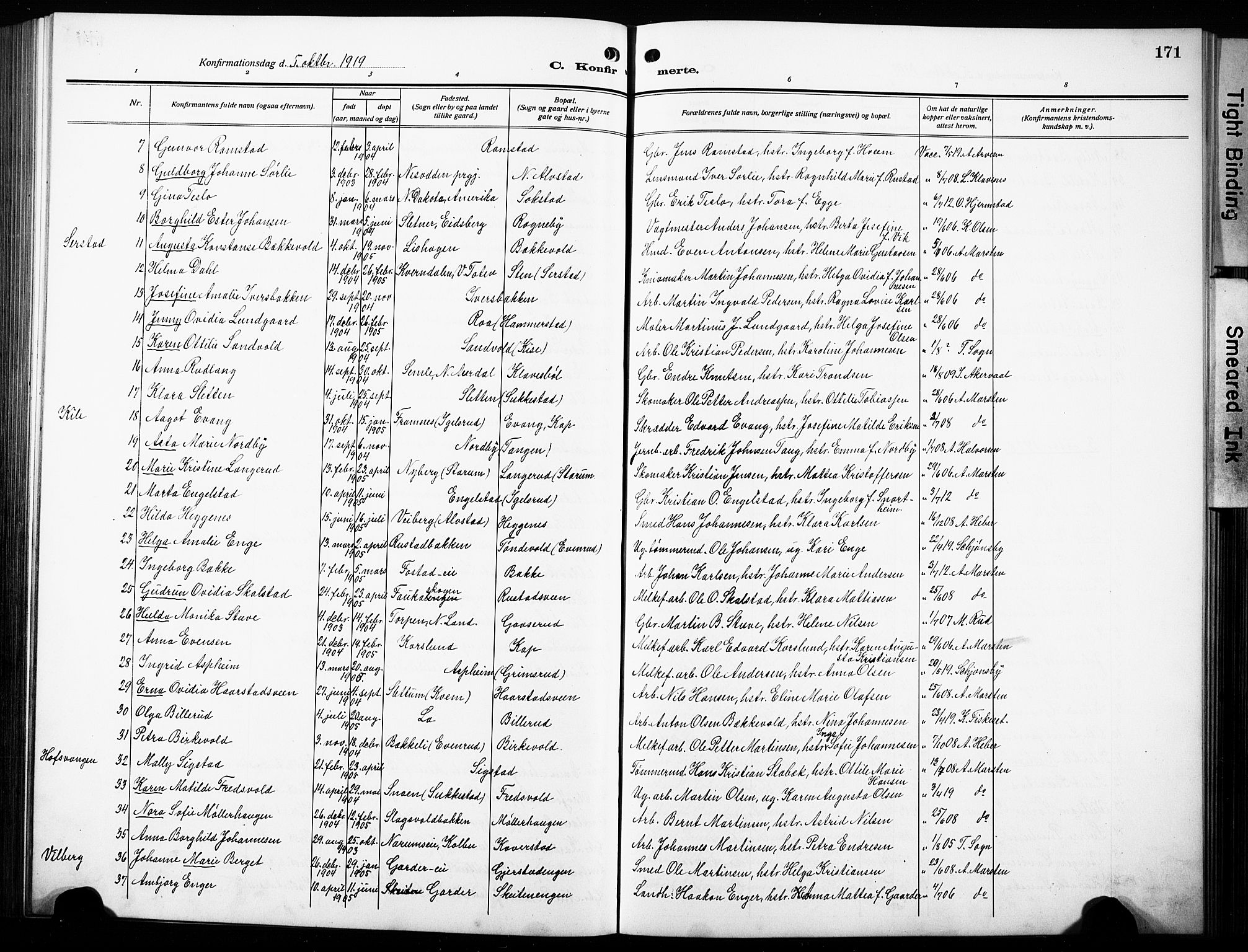 Østre Toten prestekontor, AV/SAH-PREST-104/H/Ha/Hab/L0010: Klokkerbok nr. 10, 1912-1933, s. 171