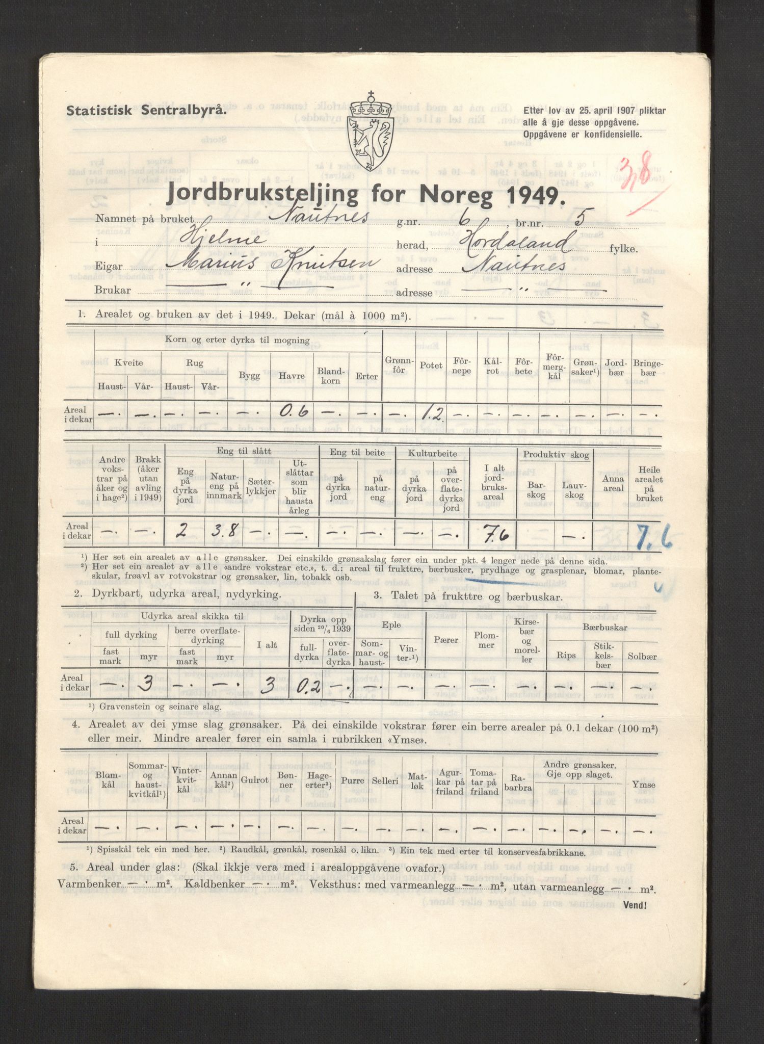 Statistisk sentralbyrå, Næringsøkonomiske emner, Jordbruk, skogbruk, jakt, fiske og fangst, AV/RA-S-2234/G/Gc/L0276: Hordaland: Herdla og Hjelme, 1949, s. 1158