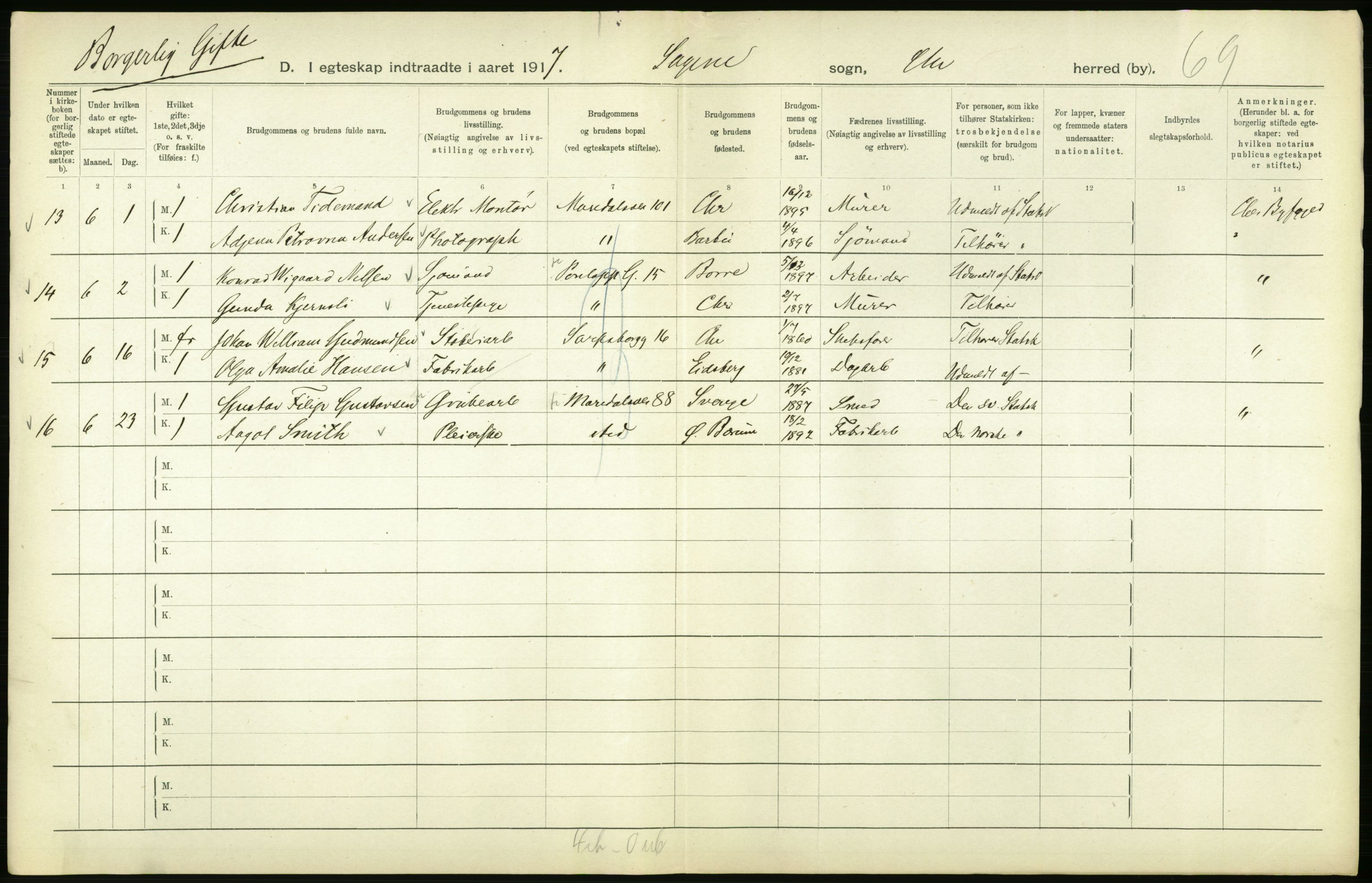 Statistisk sentralbyrå, Sosiodemografiske emner, Befolkning, AV/RA-S-2228/D/Df/Dfb/Dfbg/L0008: Kristiania: Gifte, 1917, s. 470