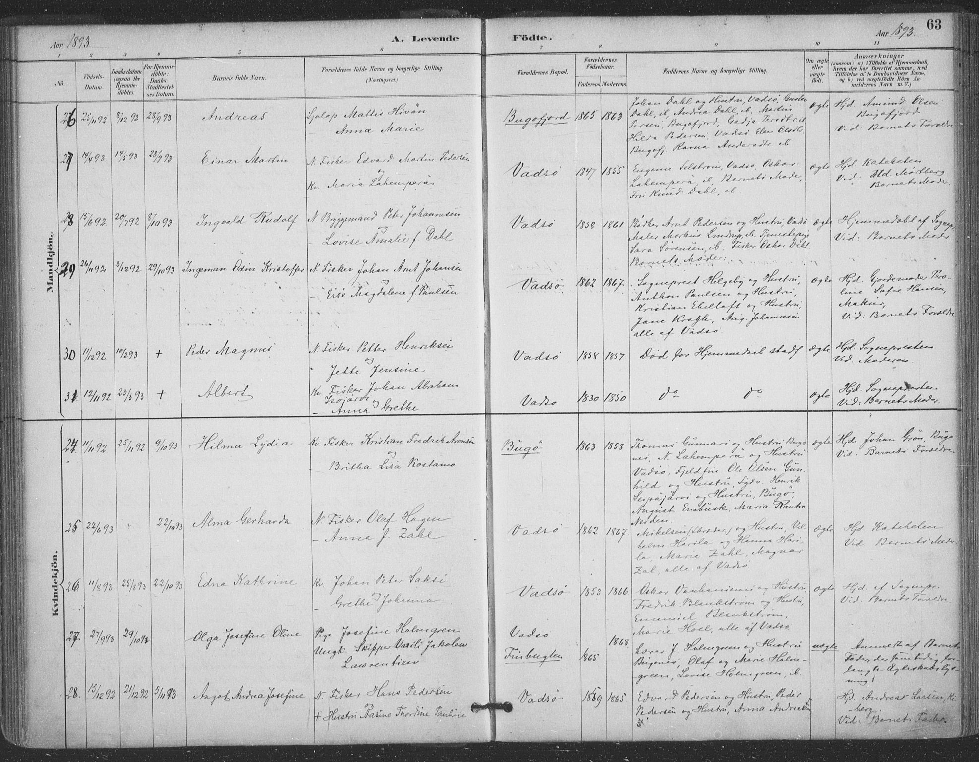 Vadsø sokneprestkontor, AV/SATØ-S-1325/H/Ha/L0006kirke: Ministerialbok nr. 6, 1885-1895, s. 63