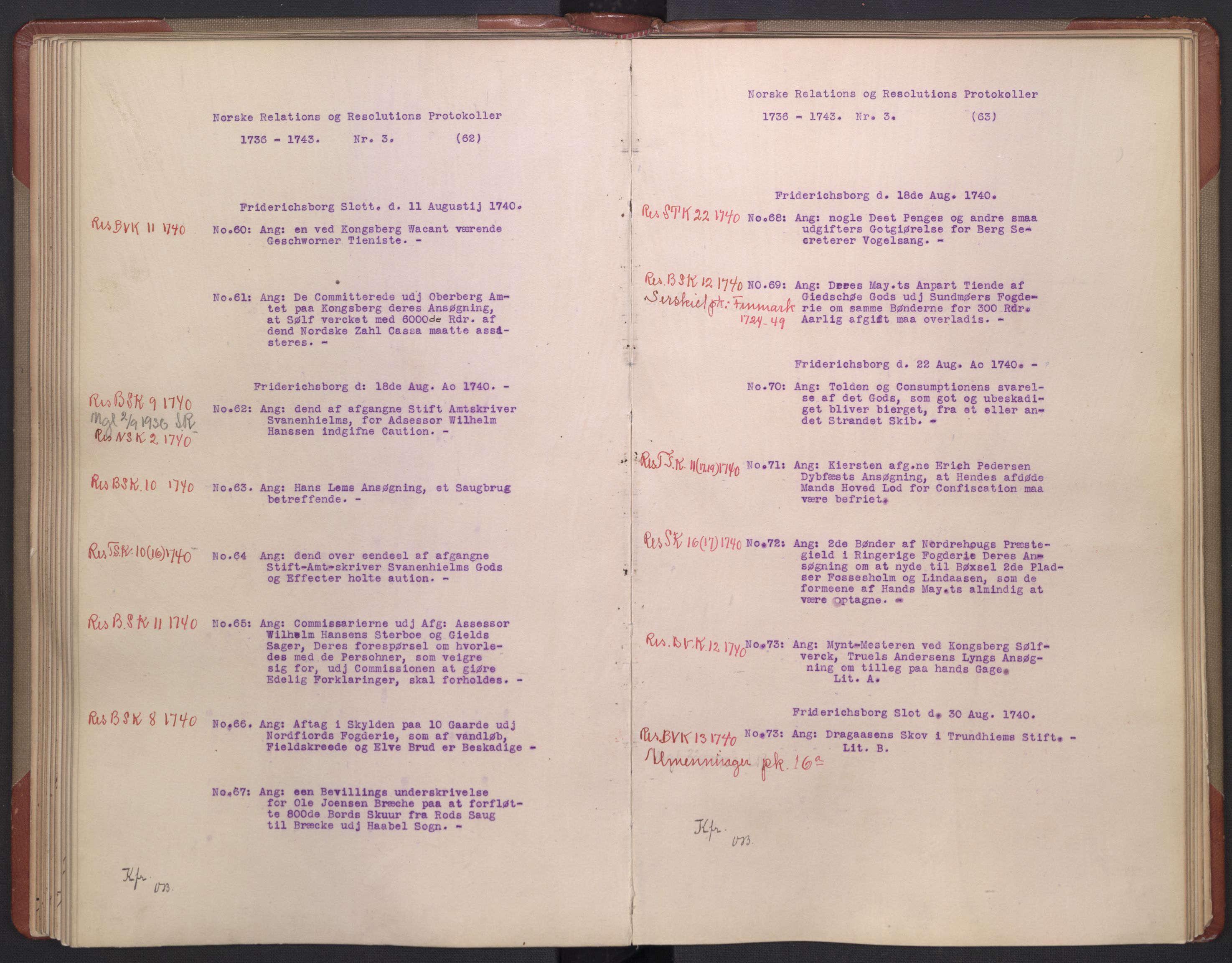 Avskriftsamlingen, AV/RA-EA-4022/F/Fb/L0117: Registratur over norske Relasjons- og  resolusjonsprotokoller, 1736-1743, s. 58