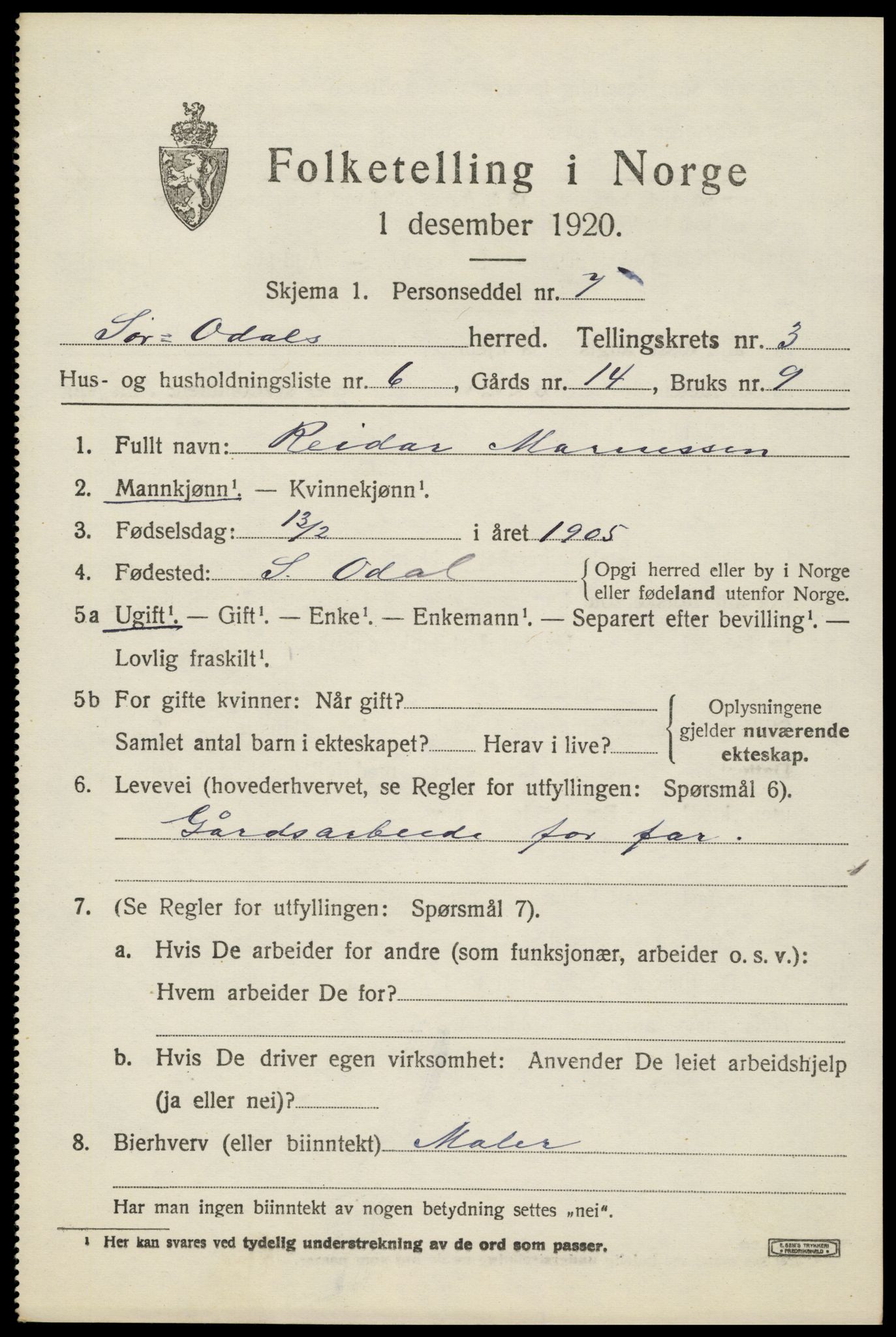 SAH, Folketelling 1920 for 0419 Sør-Odal herred, 1920, s. 4315