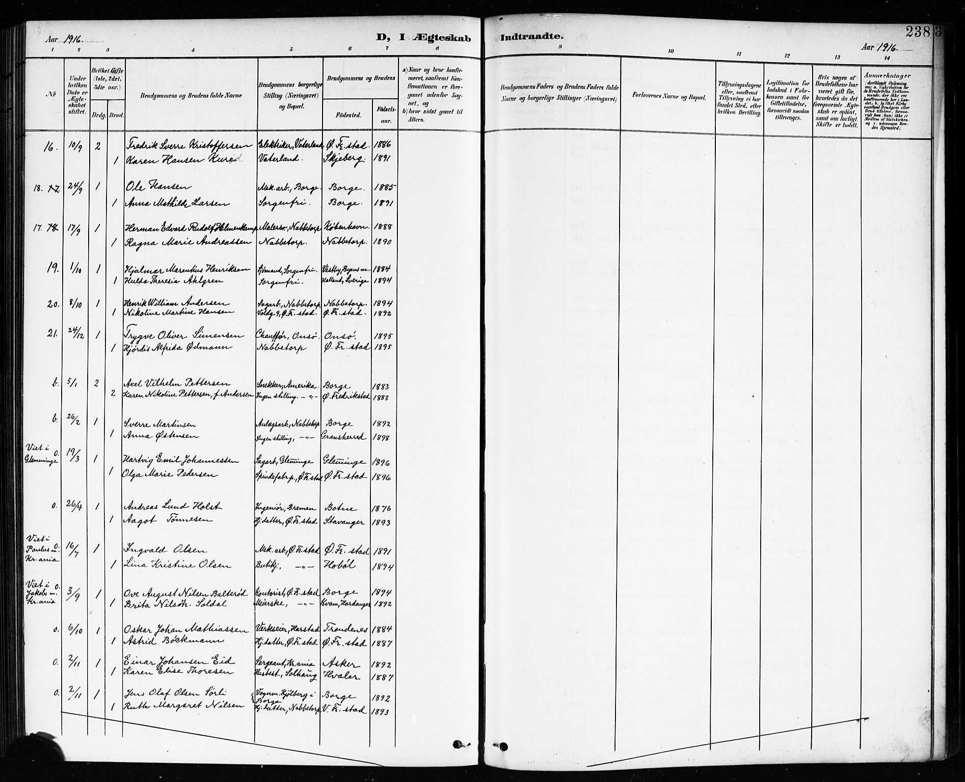 Østre Fredrikstad prestekontor Kirkebøker, AV/SAO-A-10907/G/Ga/L0002: Klokkerbok nr. 2, 1900-1919, s. 238