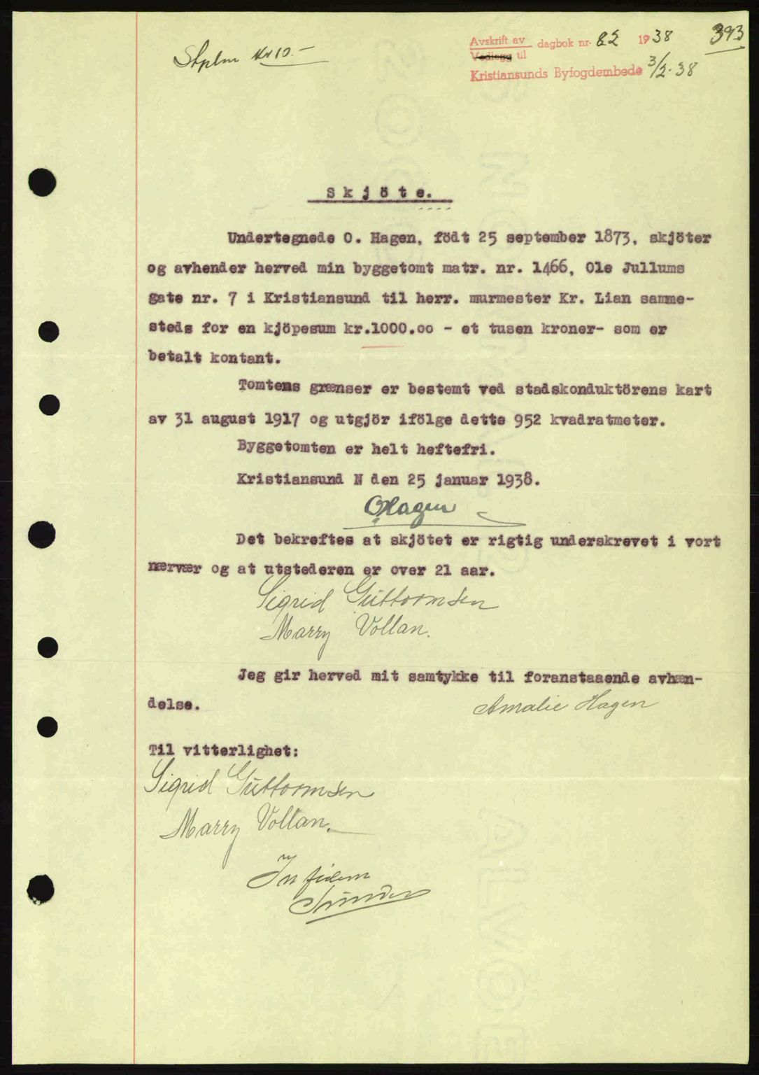 Kristiansund byfogd, SAT/A-4587/A/27: Pantebok nr. 30, 1936-1941, Dagboknr: 82/1938