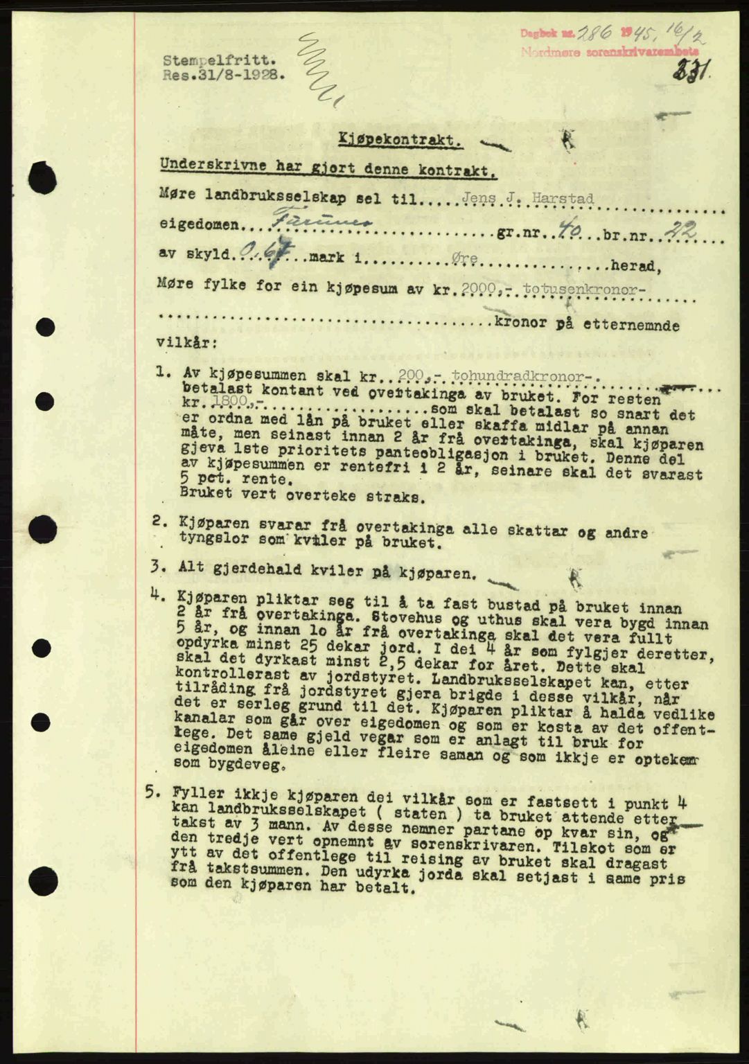 Nordmøre sorenskriveri, SAT/A-4132/1/2/2Ca: Pantebok nr. A99, 1945-1945, Dagboknr: 286/1945
