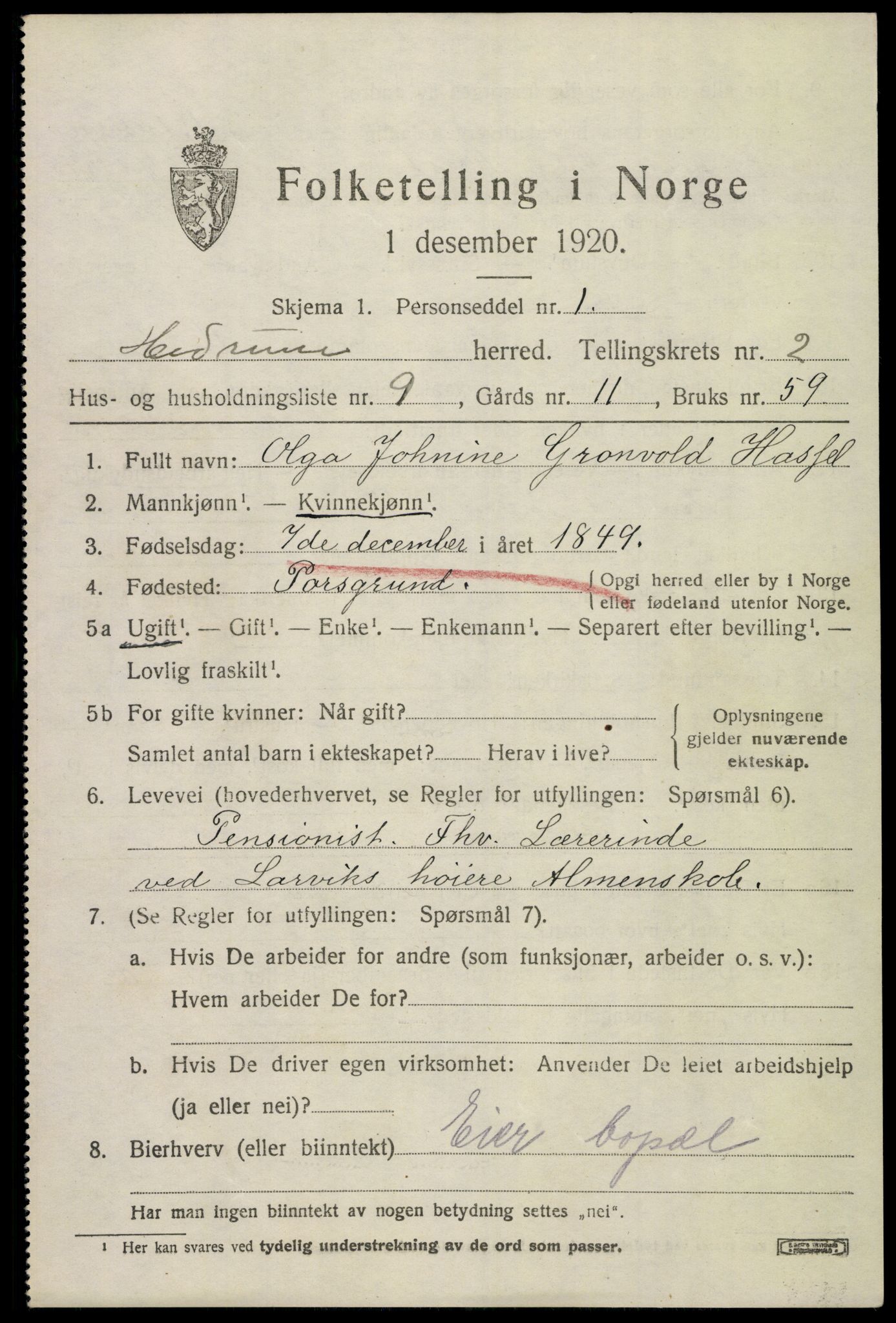 SAKO, Folketelling 1920 for 0727 Hedrum herred, 1920, s. 2511