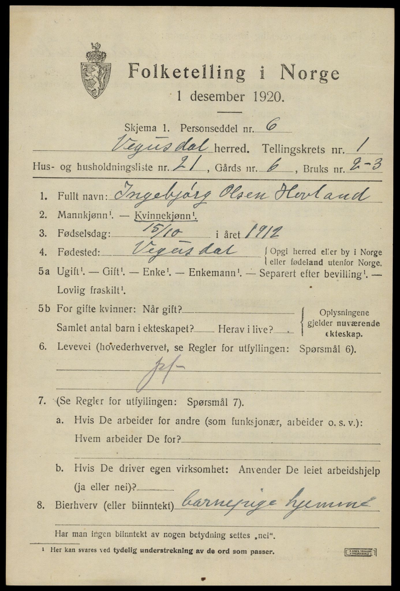 SAK, Folketelling 1920 for 0934 Vegusdal herred, 1920, s. 615
